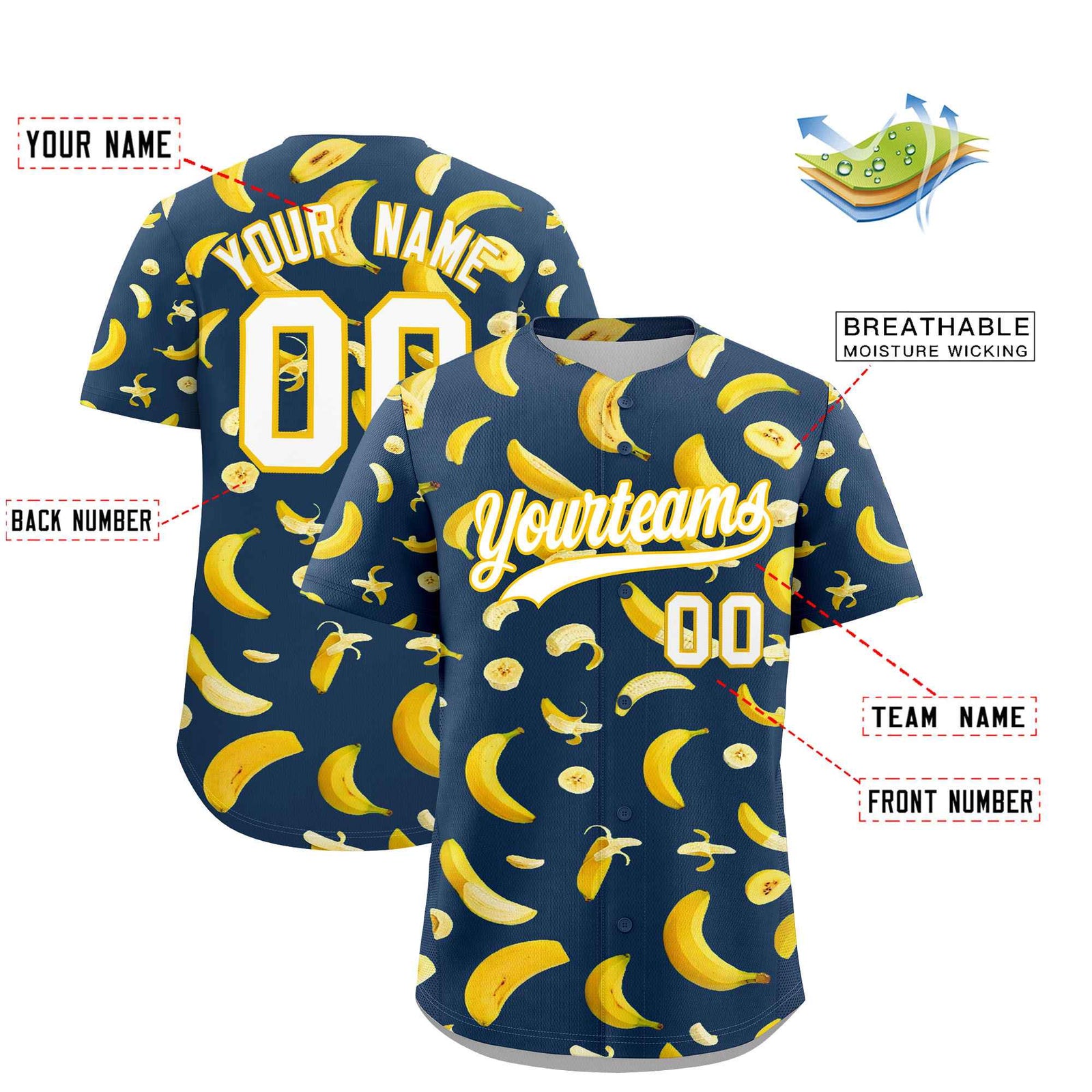 Custom Midnight Blue Banana Graffiti Pattern Fashion Authentic Baseball Jersey | Graffiti Pattern | Embroidery&Dye-sublimation printing | KXKSHOP