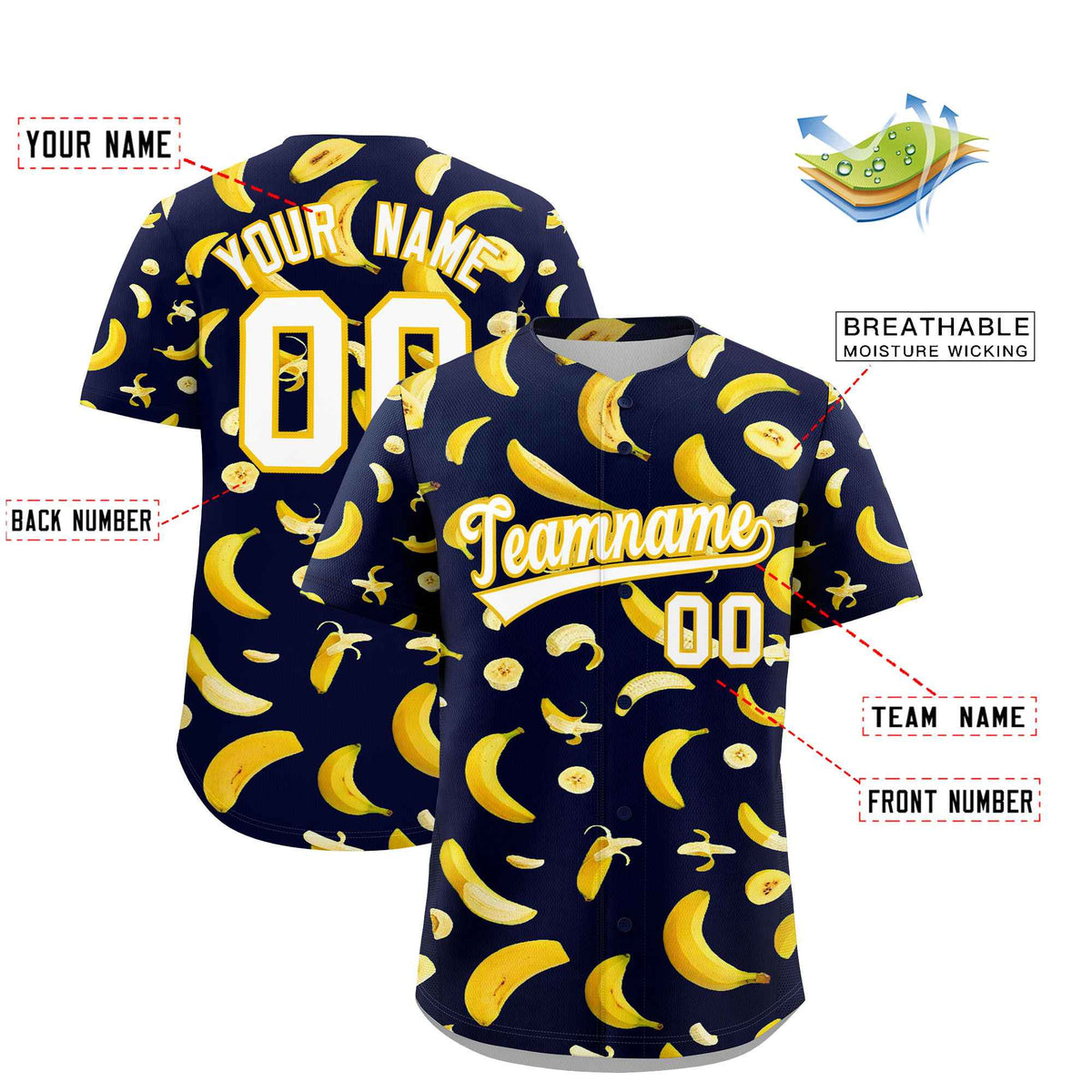Custom Navy Banana Graffiti Pattern Fashion Authentic Baseball Jersey | Graffiti Pattern | Embroidery&amp;Dye-sublimation printing | KXKSHOP