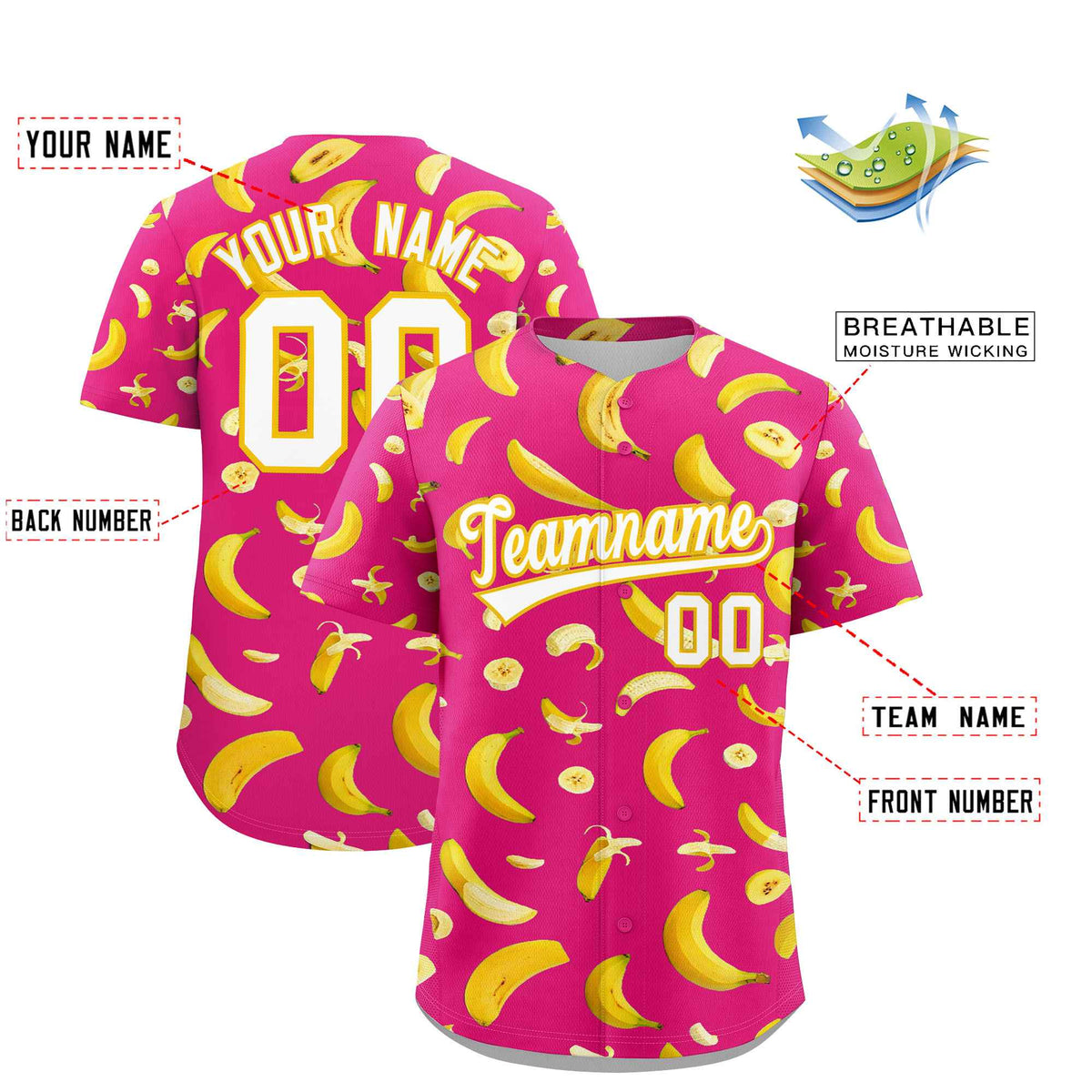 Custom Rose Red Banana Graffiti Pattern Fashion Authentic Baseball Jersey | Graffiti Pattern | Embroidery&Dye-sublimation printing | KXKSHOP