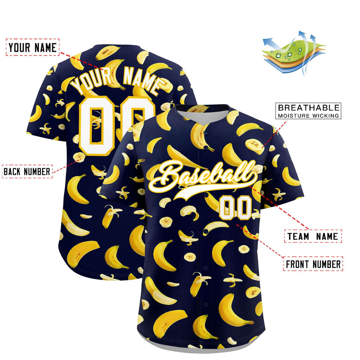 Custom Navy Banana Graffiti Pattern Fashion Authentic Baseball Jersey | Graffiti Pattern | Embroidery&amp;Dye-sublimation printing | KXKSHOP