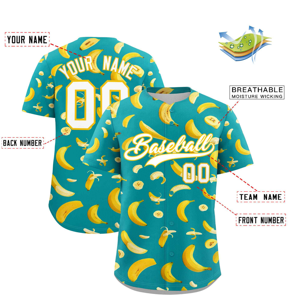 Custom Aqua Banana Graffiti Pattern Fashion Authentic Baseball Jersey | Graffiti Pattern | Embroidery&amp;Dye-sublimation printing | KXKSHOP