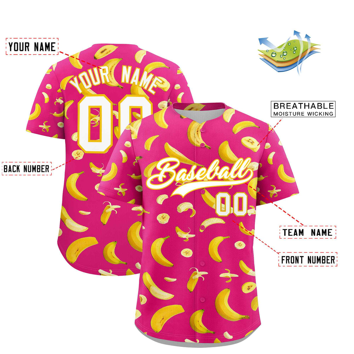 Custom Rose Red Banana Graffiti Pattern Fashion Authentic Baseball Jersey | Graffiti Pattern | Embroidery&Dye-sublimation printing | KXKSHOP