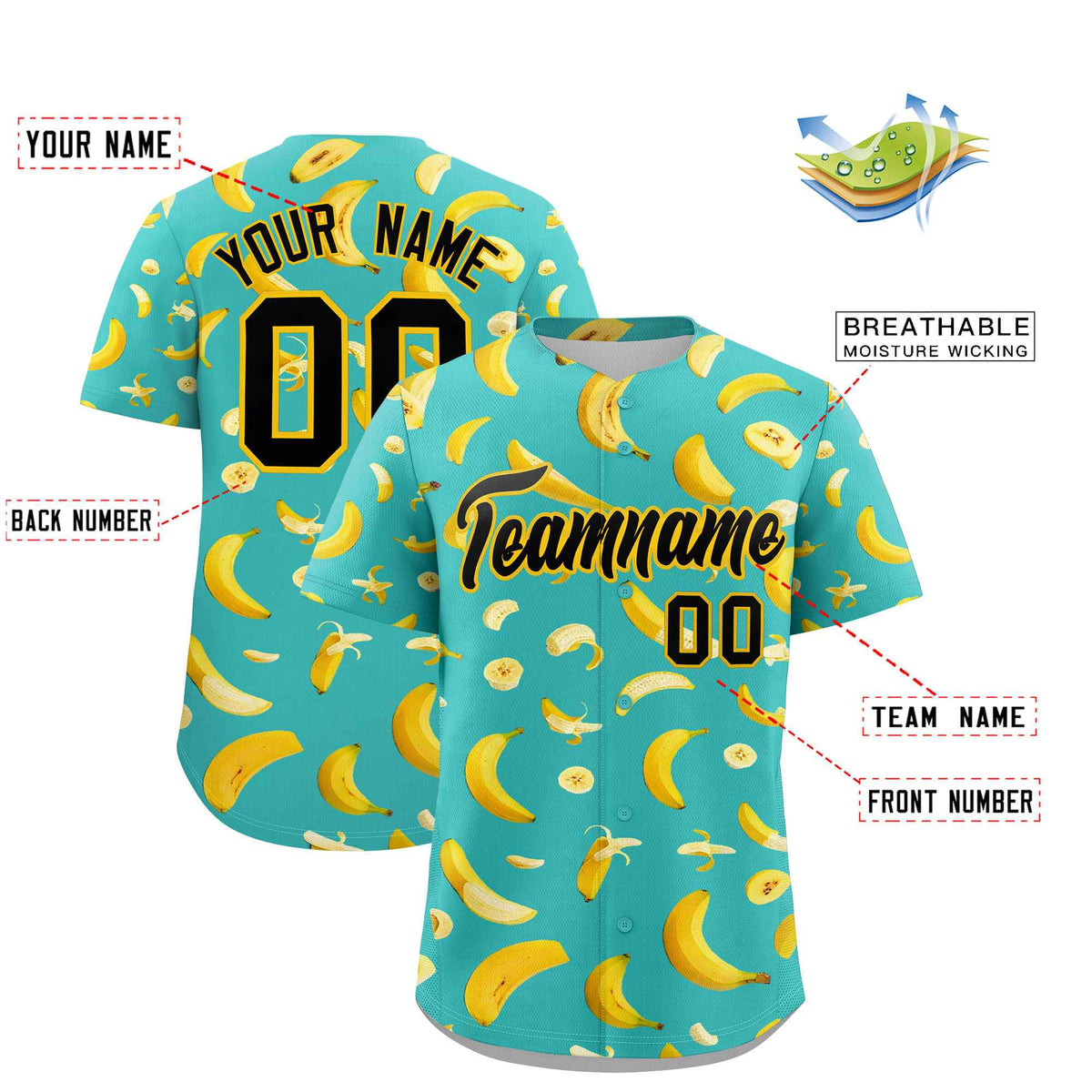 Custom Teal Banana Graffiti Pattern Fashion Authentic Baseball Jersey | Graffiti Pattern | Embroidery&amp;Dye-sublimation printing | KXKSHOP