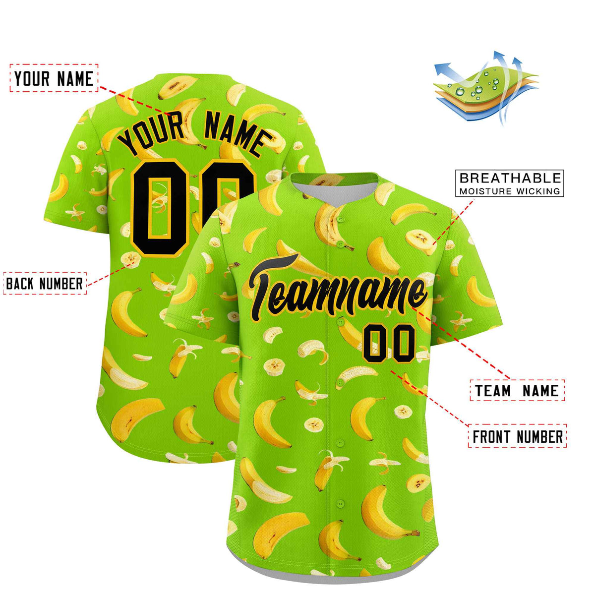 Custom Neon Green Banana Graffiti Pattern Fashion Authentic Baseball Jersey | Graffiti Pattern | Embroidery&amp;Dye-sublimation printing | KXKSHOP