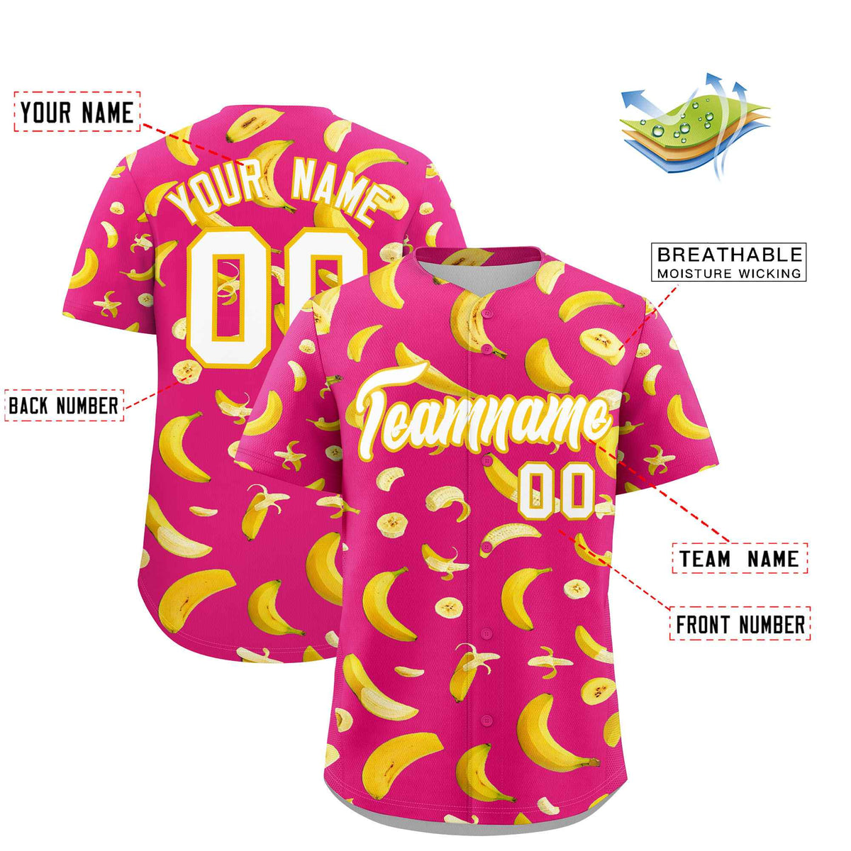Custom Rose Red Banana Graffiti Pattern Fashion Authentic Baseball Jersey | Graffiti Pattern | Embroidery&Dye-sublimation printing | KXKSHOP