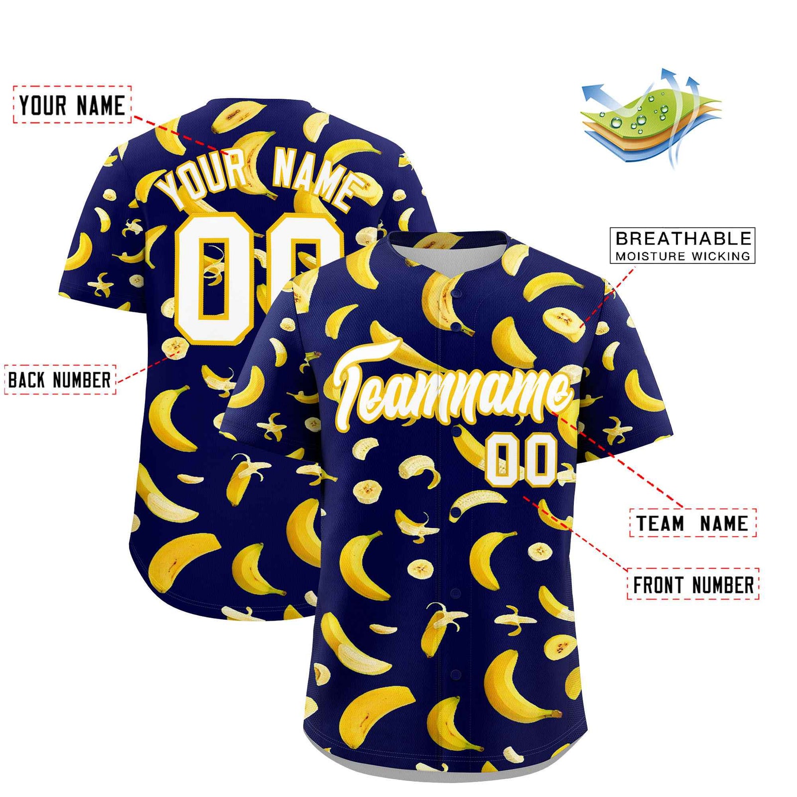 Custom Dark Blue Banana Graffiti Pattern Fashion Authentic Baseball Jersey | Graffiti Pattern | Embroidery&Dye-sublimation printing | KXKSHOP