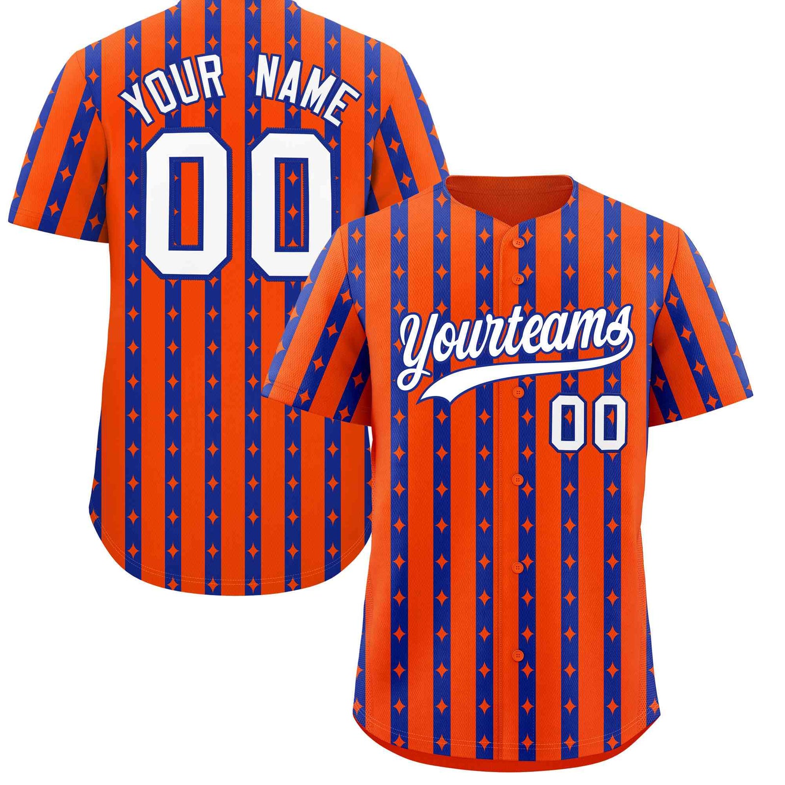 Custom Orange Royal Blue Star Pattern Thick Stripes Baseball Jersey
