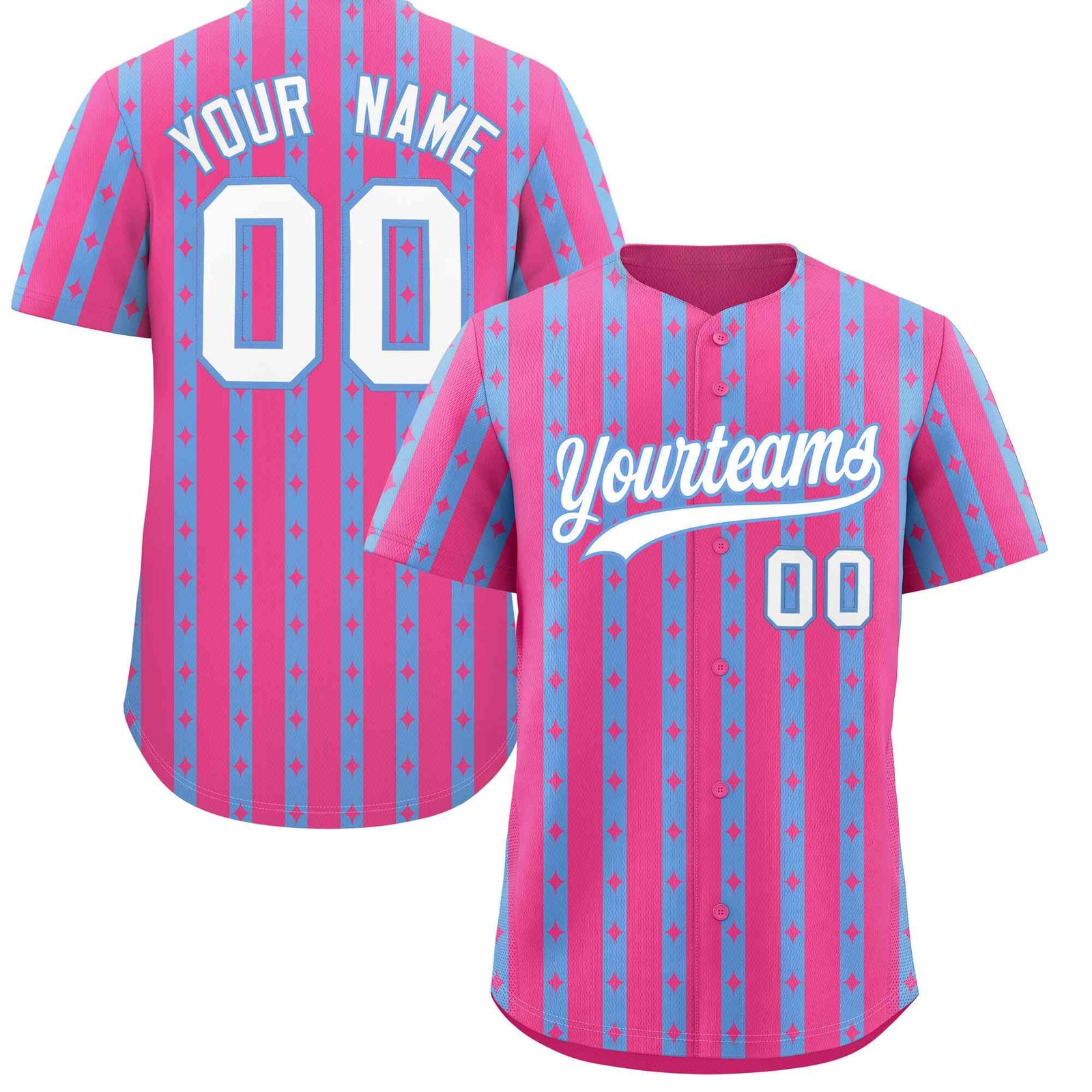 Custom Pink Light Blue Star Pattern Thick Stripes Baseball Jersey