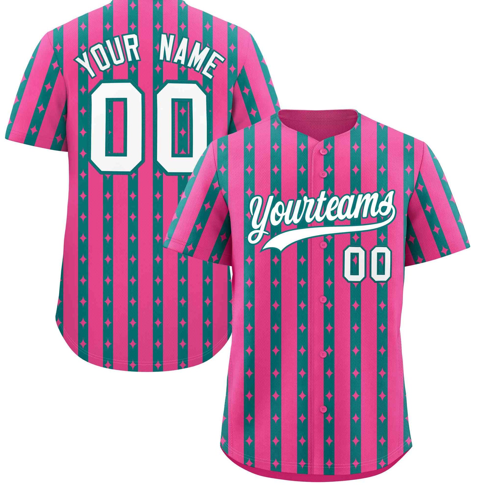 Custom Pink Teal Star Pattern Thick Stripes Baseball Jersey