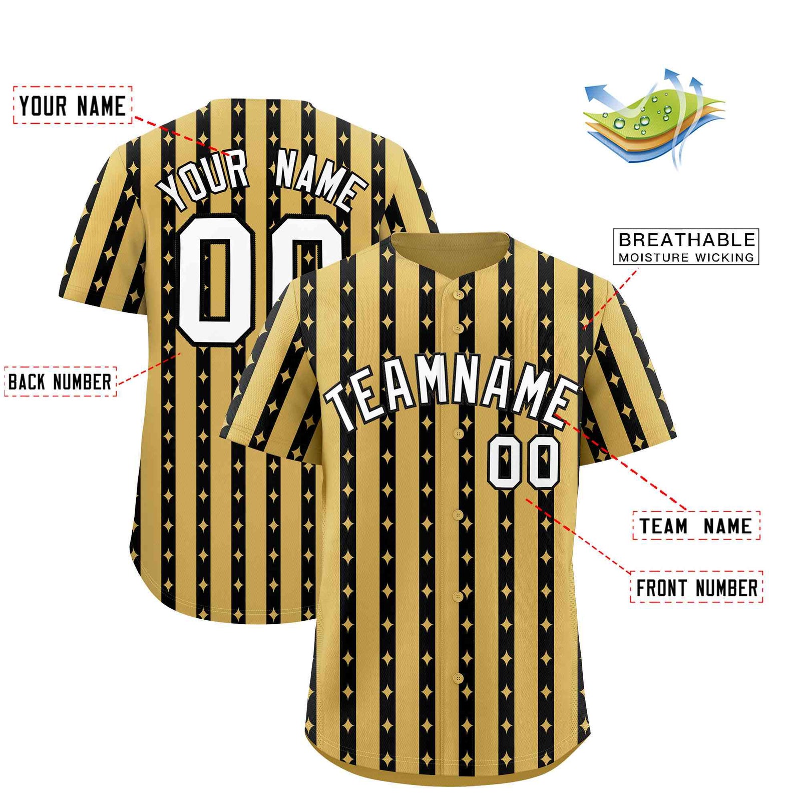 Custom Old Gold Black Star Pattern Thick Stripes Baseball Jersey