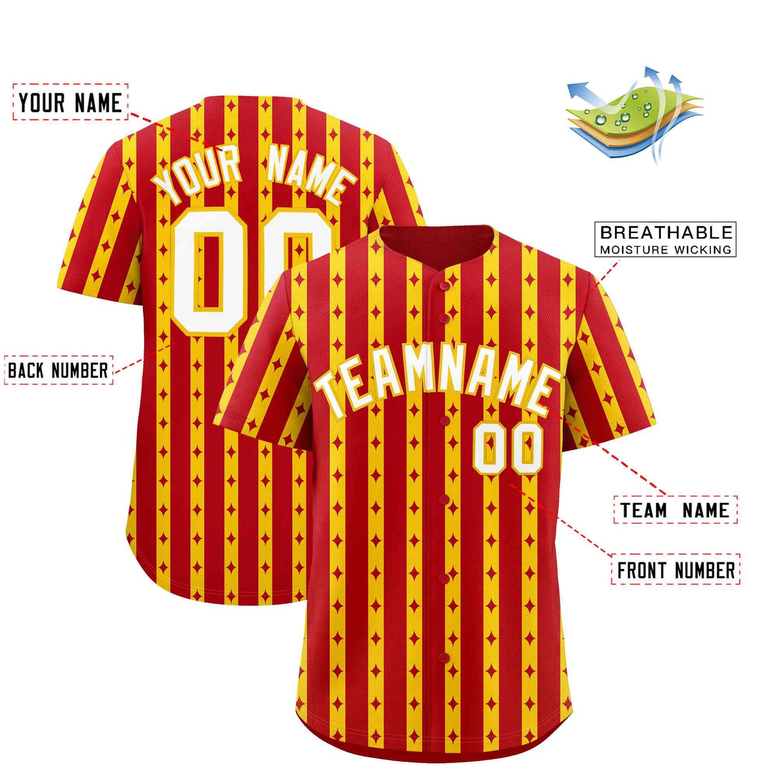 Custom Red Gold Star Pattern Thick Stripes Baseball Jersey