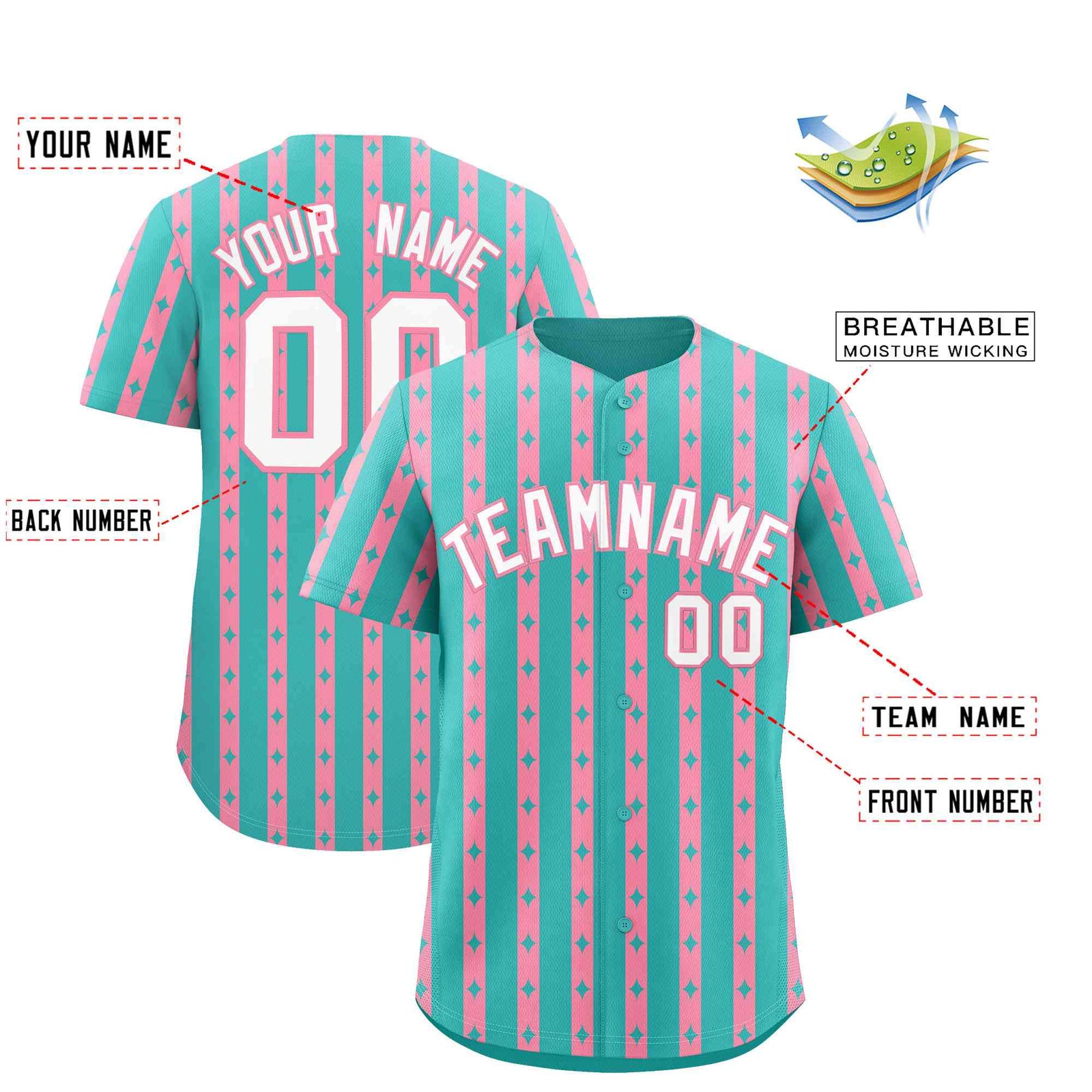 Custom Teal Light Pink Star Pattern Thick Stripes Baseball Jersey