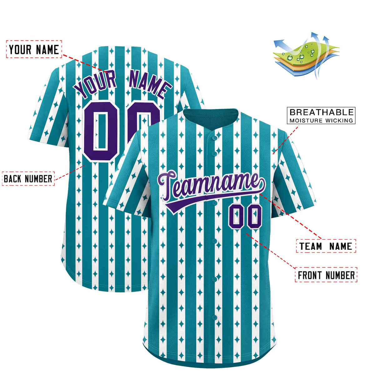 Custom Teal White Star Pattern Thick Stripes Baseball Jersey| KXKSHOP