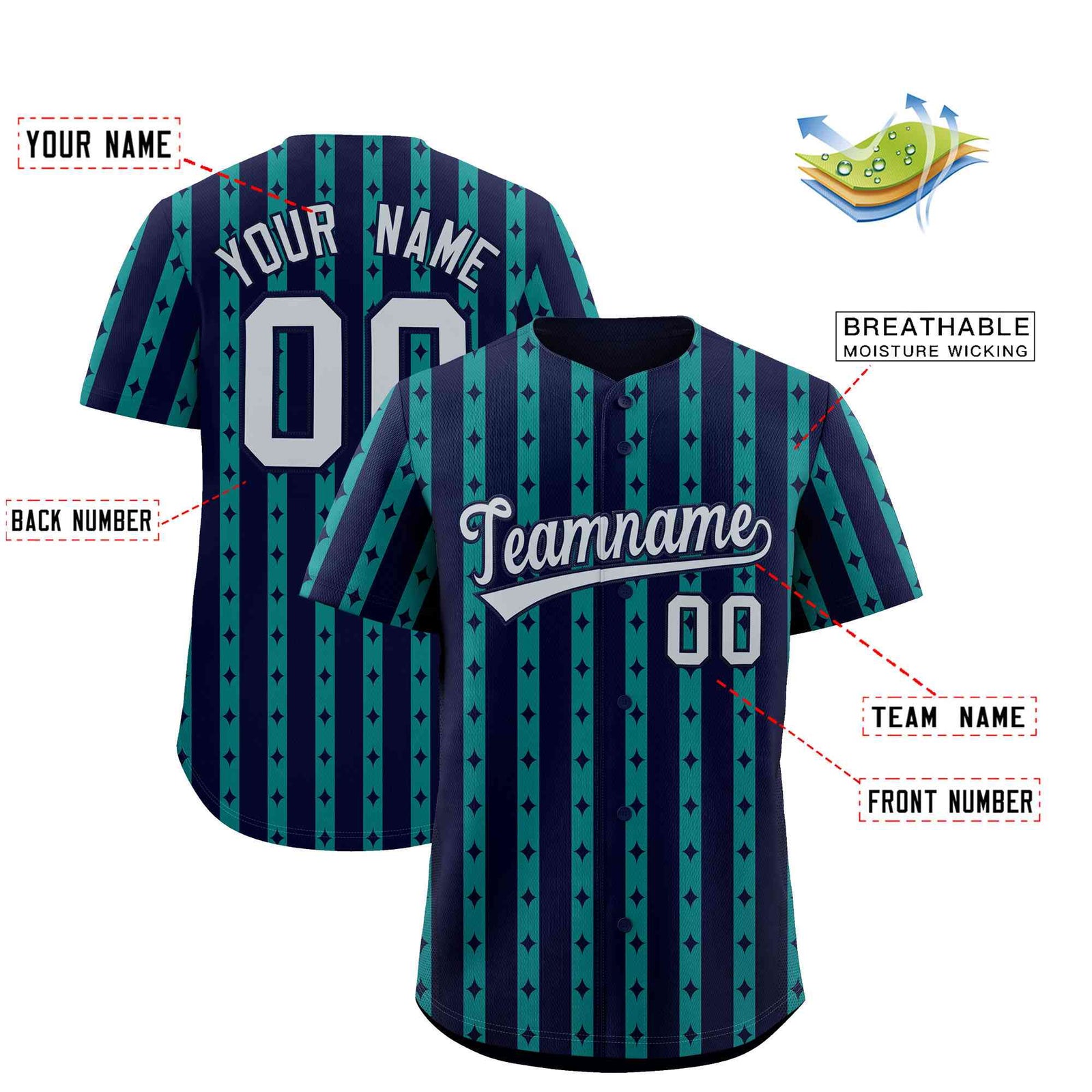 Custom Navy Teal Star Pattern Thick Stripes Baseball Jersey| KXKSHOP