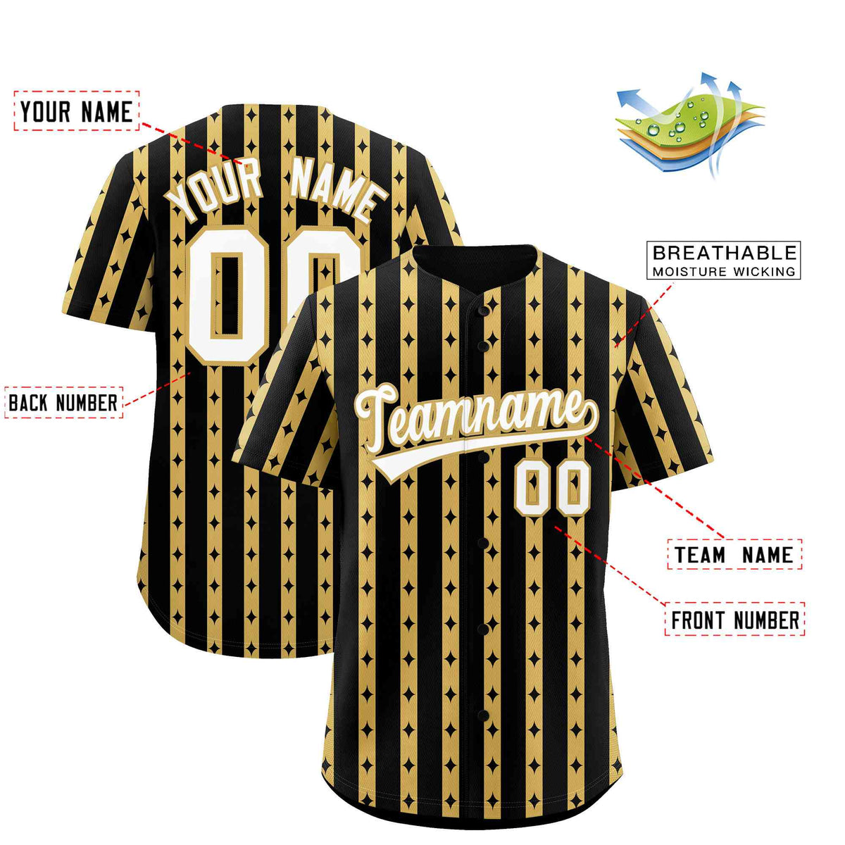 Custom Black Old Gold Star Pattern Thick Stripes Baseball Jersey| KXKSHOP