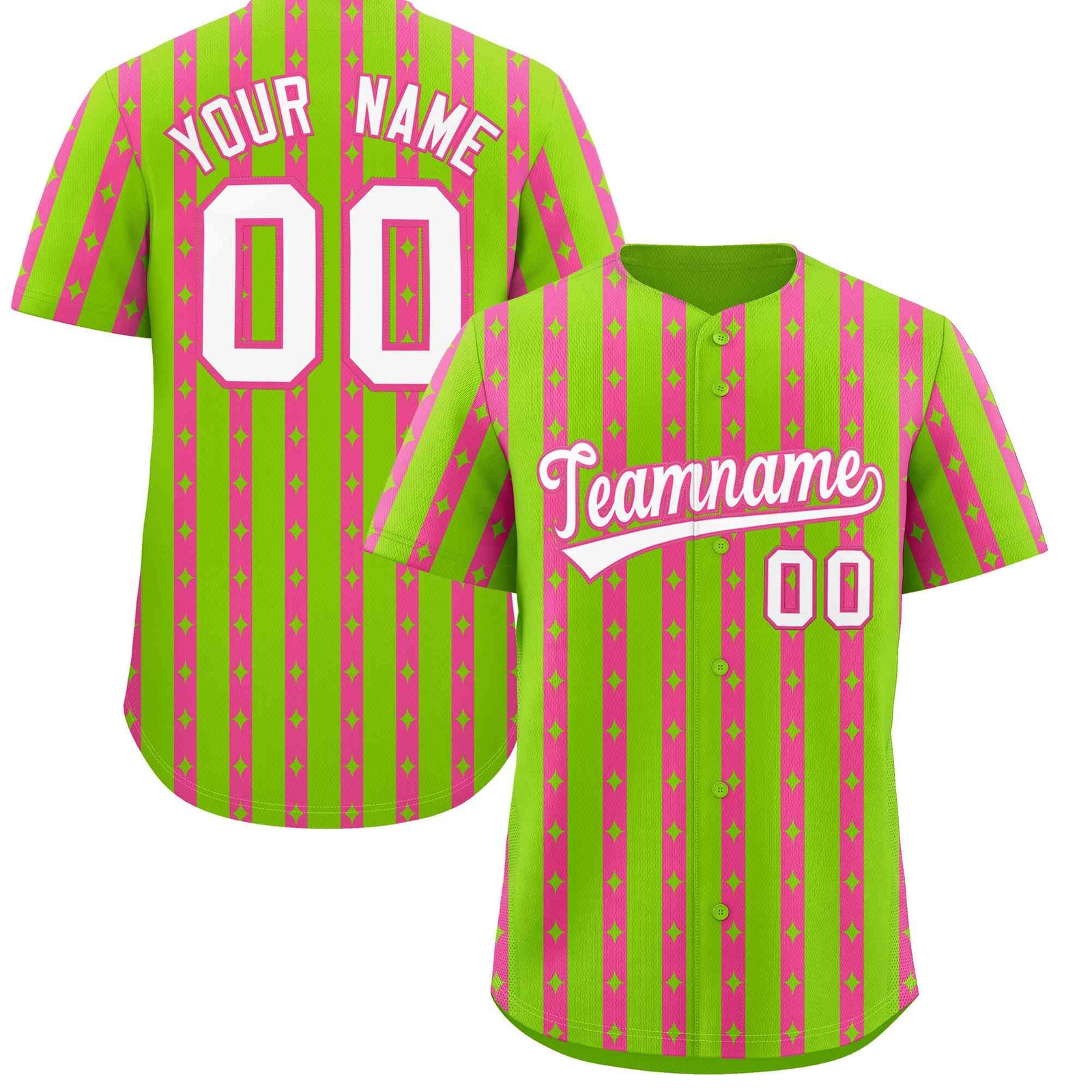 Custom Neon Green Pink Star Pattern Thick Stripes Baseball Jersey| KXKSHOP
