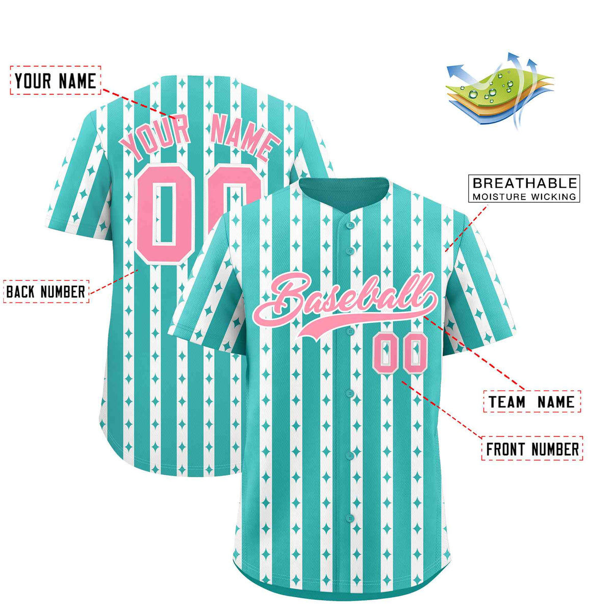 Custom Teal White Star Pattern Thick Stripes Baseball Jersey
