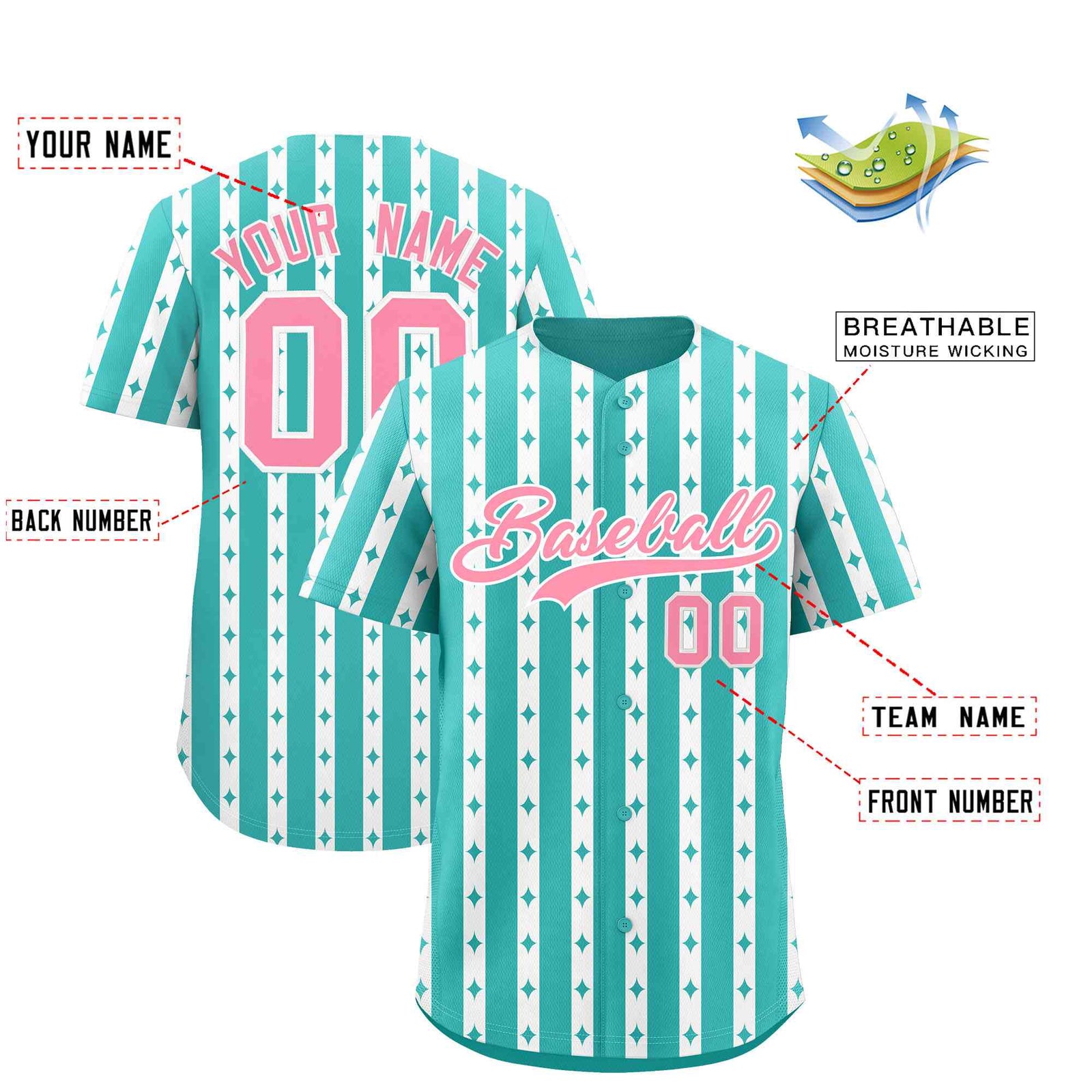 Custom Teal White Star Pattern Thick Stripes Baseball Jersey