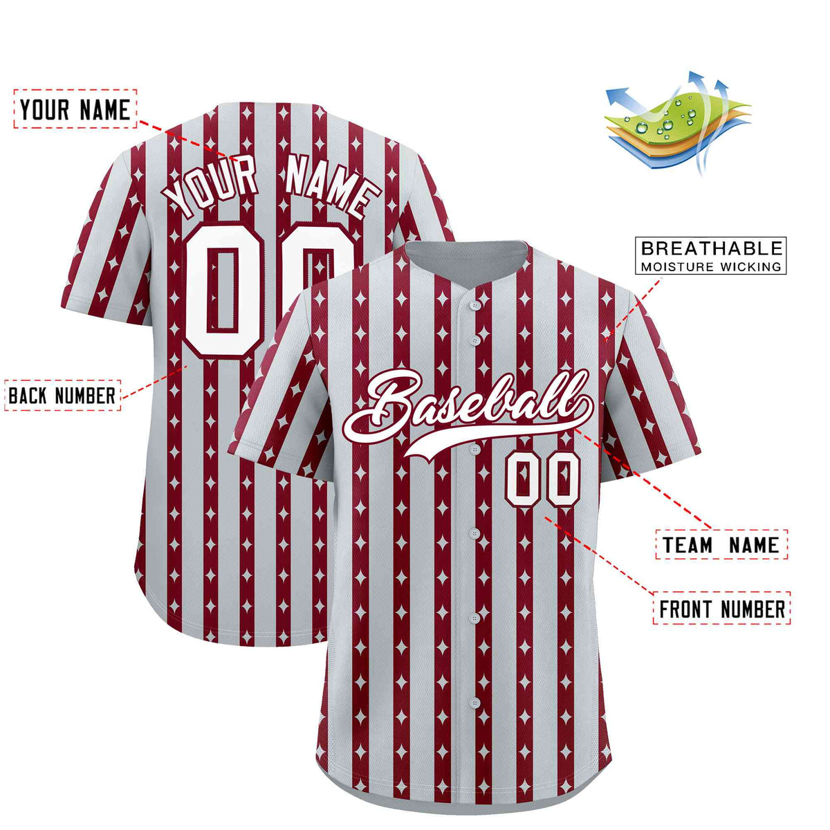 Custom Silver Crimson Star Pattern Thick Stripes Baseball Jersey