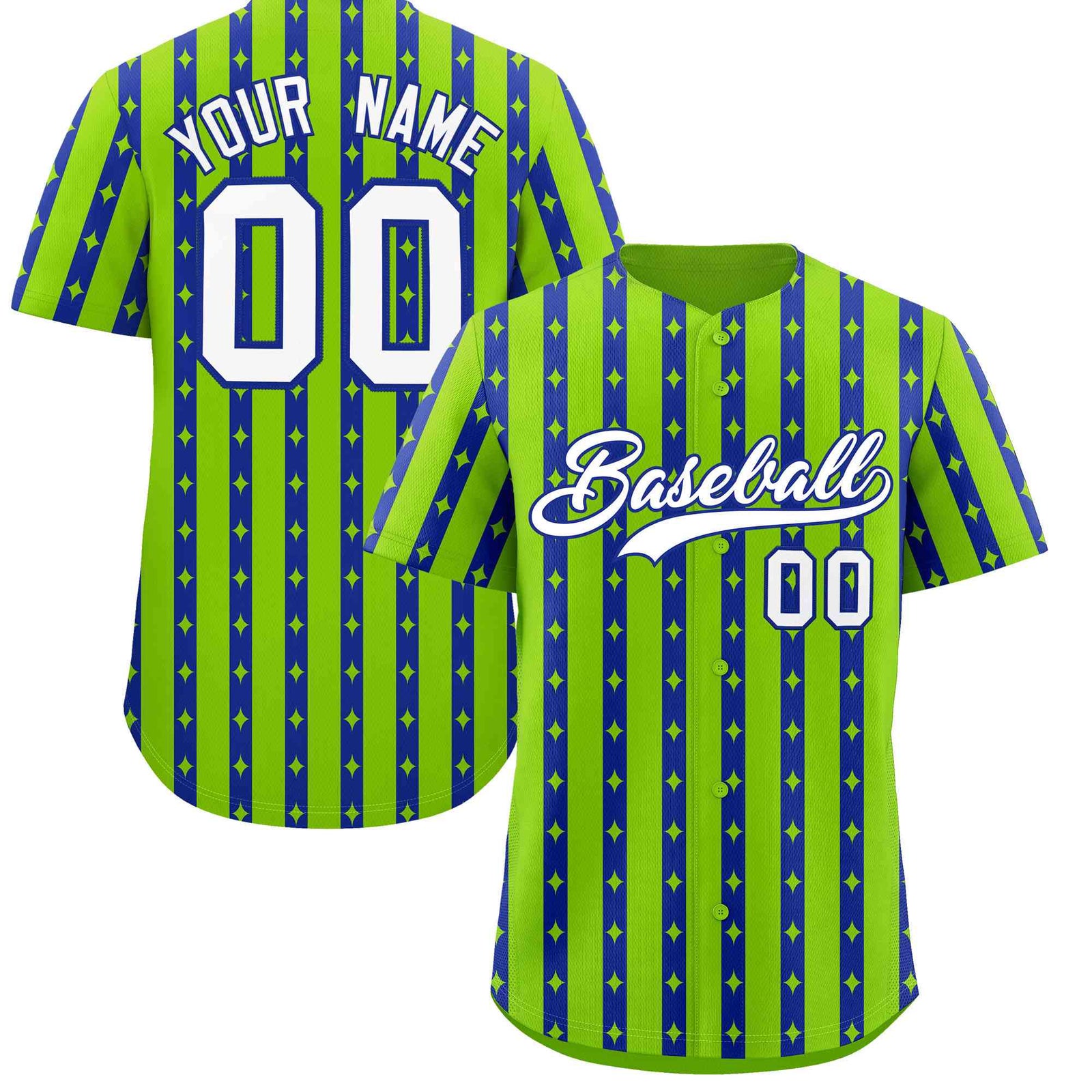 Custom Neon Green Royal Blue Star Pattern Thick Stripes Baseball Jersey
