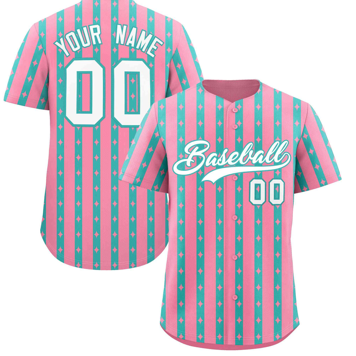 Custom Light Pink Teal Star Pattern Thick Stripes Baseball Jersey