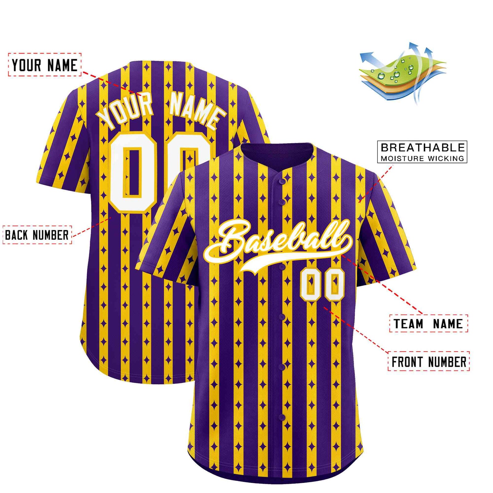Custom Purple Gold Star Pattern Thick Stripes Baseball Jersey
