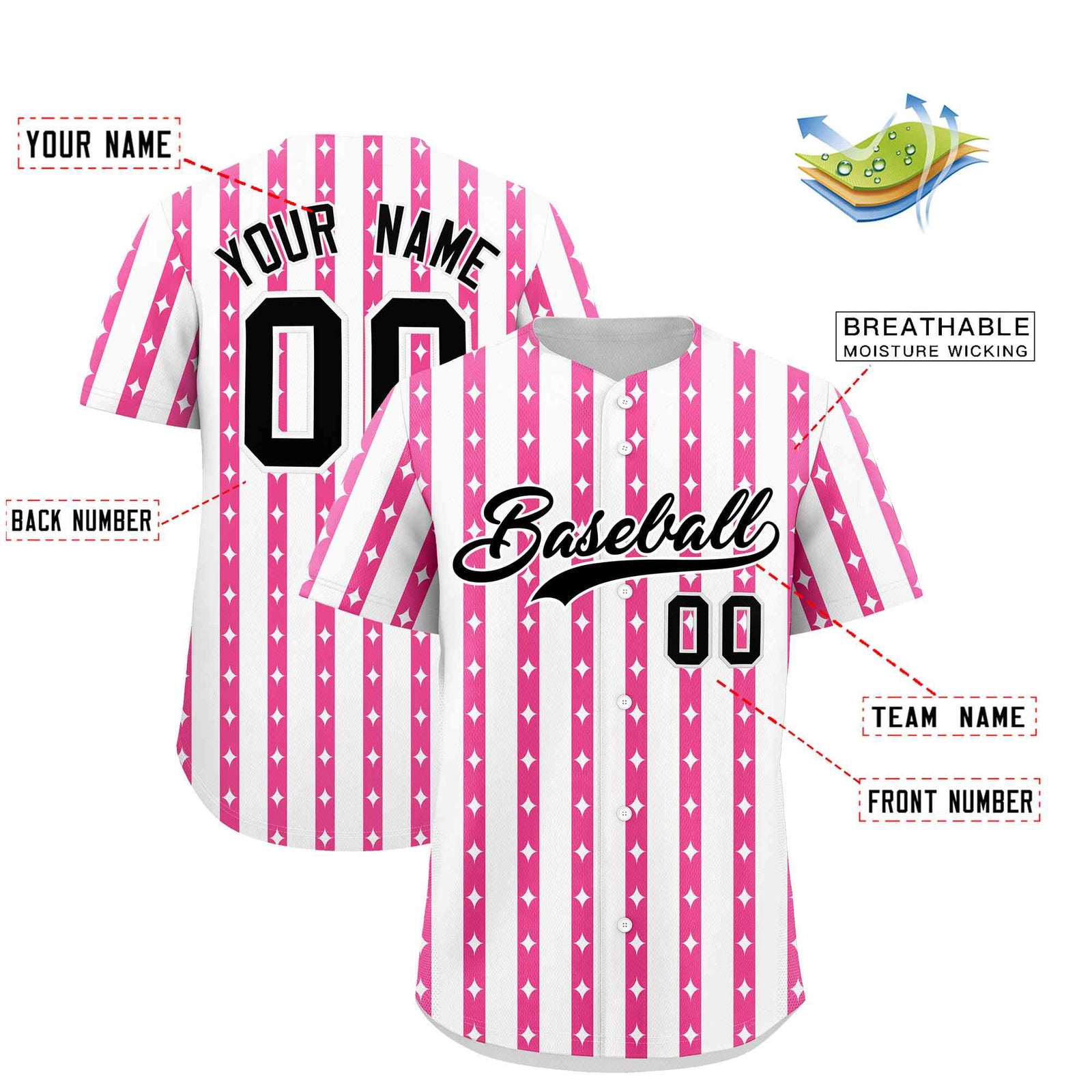 Custom White Pink Star Pattern Thick Stripes Baseball Jersey