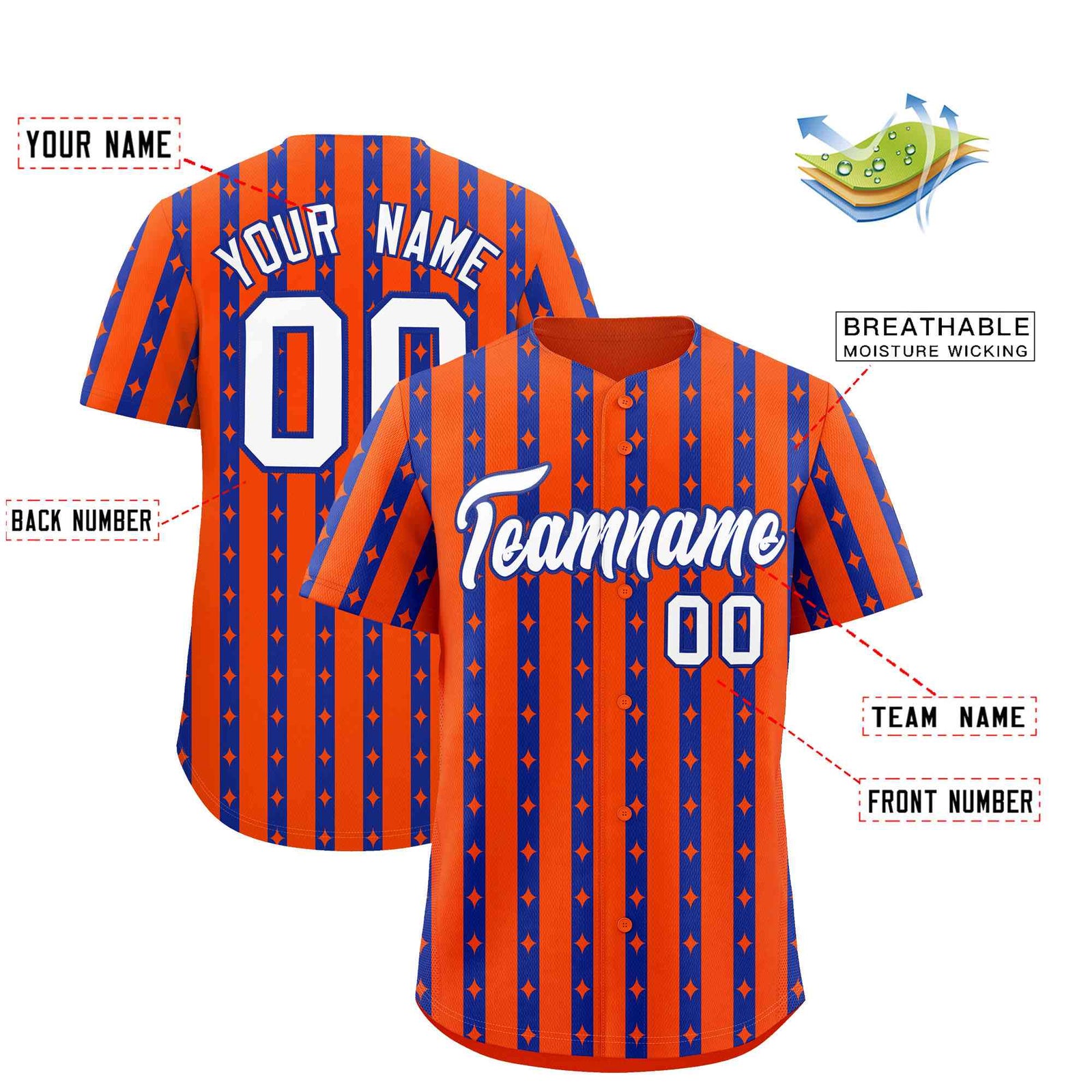 Custom Orange Royal Blue Star Pattern Thick Stripes Baseball Jersey