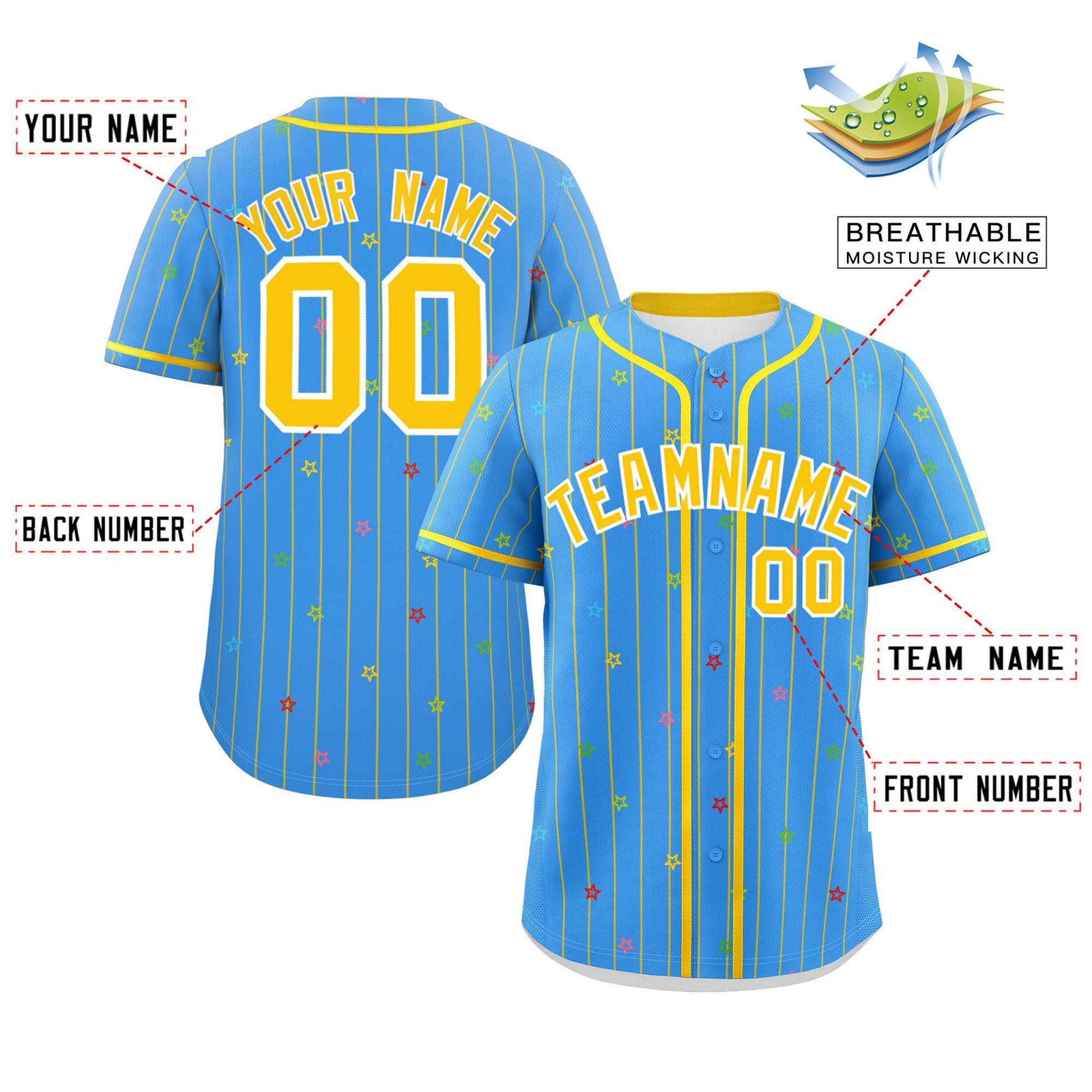 Custom Powder Blue Gold Stripe Fashion Personalized Star Pattern Authentic Baseball Jersey