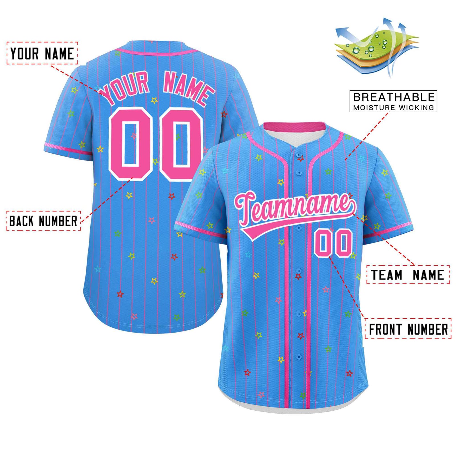 Custom Powder Blue Pink Stripe Fashion Personalized Star Pattern Authentic Baseball Jersey