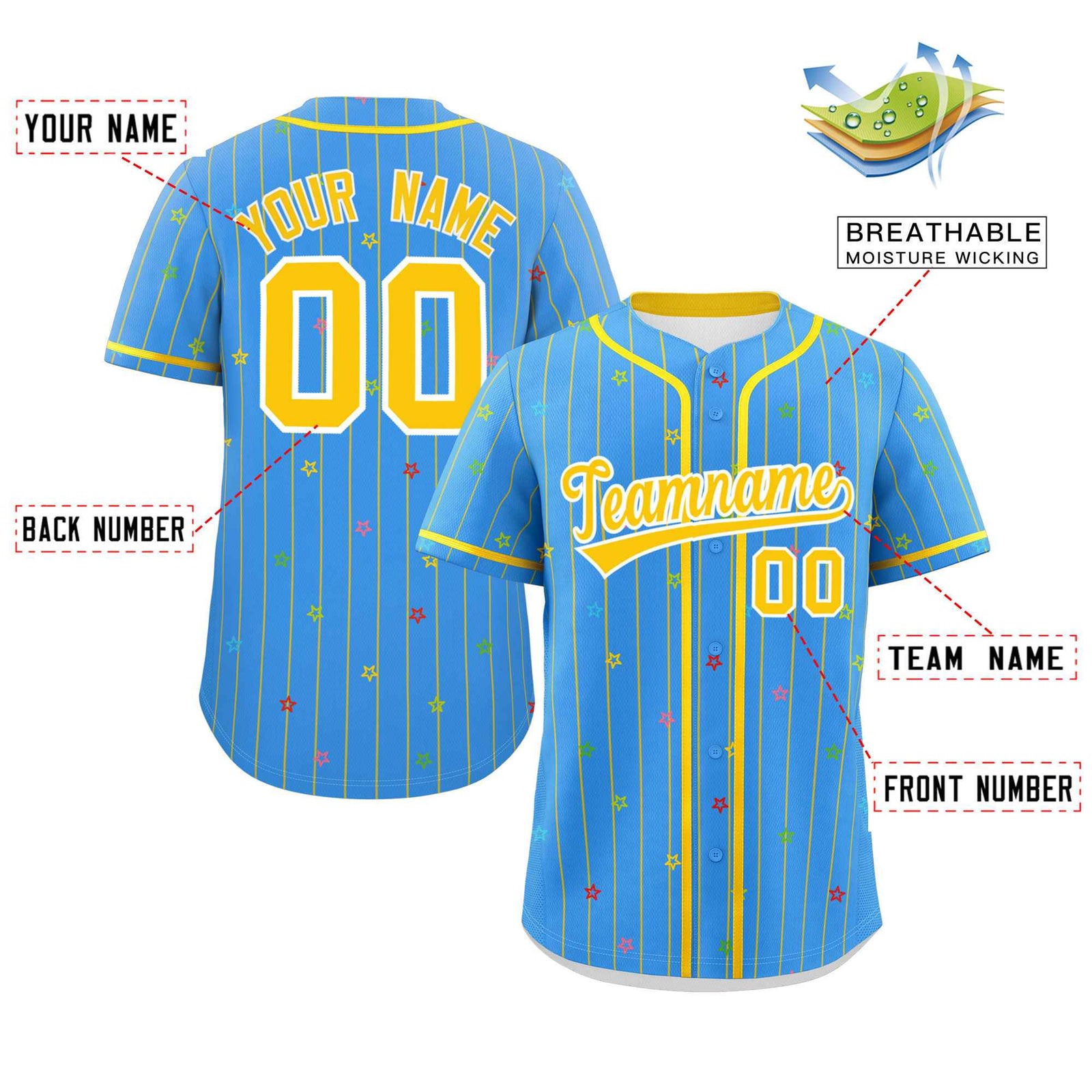 Custom Powder Blue Gold Stripe Fashion Personalized Star Pattern Authentic Baseball Jersey