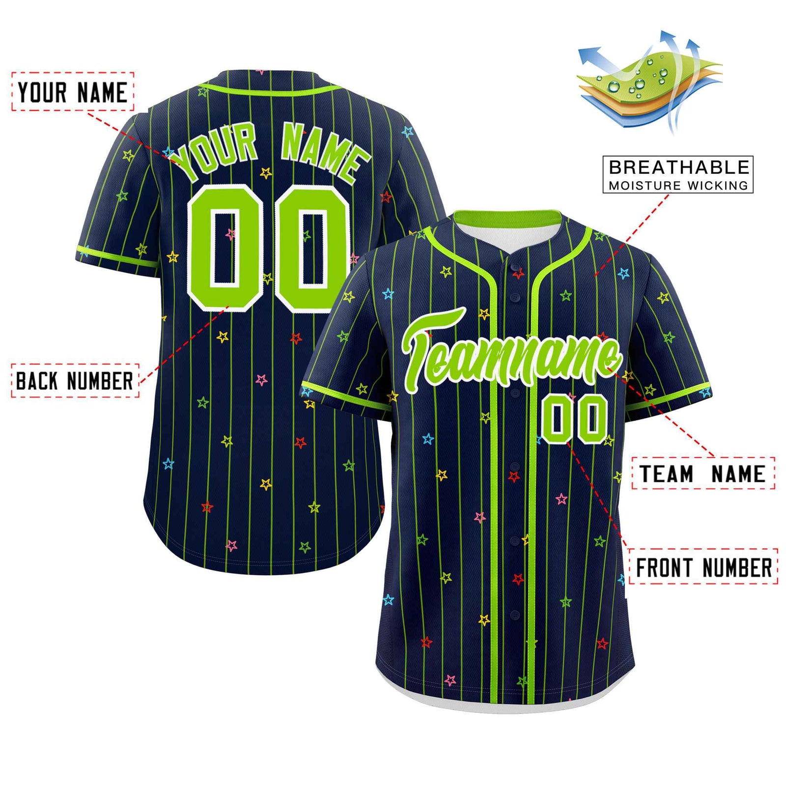 Custom Navy Neon Green Stripe Fashion Personalized Star Pattern Authentic Baseball Jersey