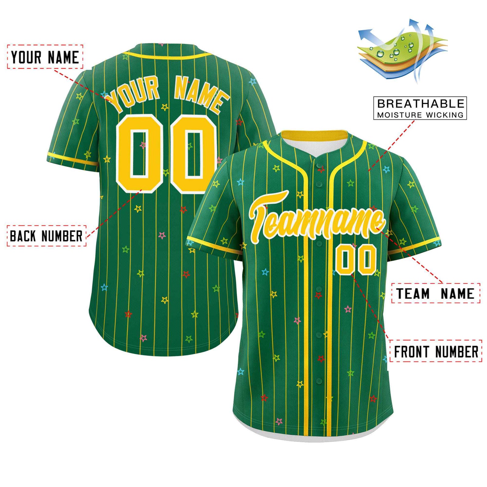 Custom Kelly Green Gold Stripe Fashion Personalized Star Pattern Authentic Baseball Jersey