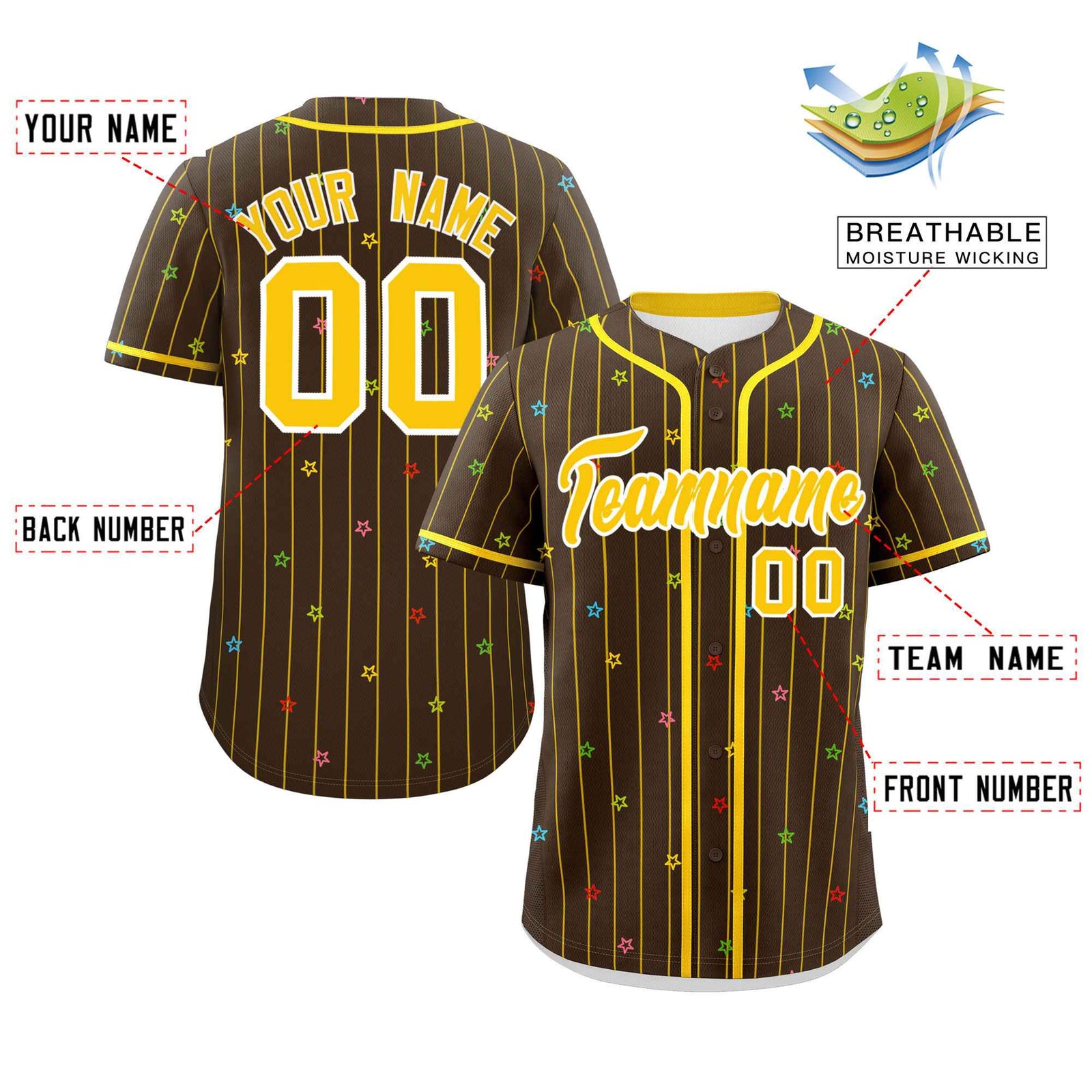 Custom Brown Gold Stripe Fashion Personalized Star Pattern Authentic Baseball Jersey