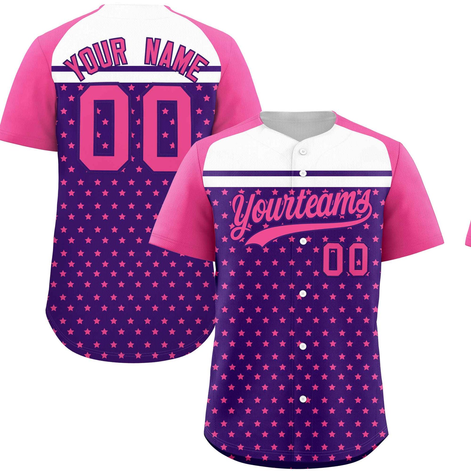 Custom Purple Pink-White Raglan Sleeve Personalized Star Print Authentic Baseball Jersey