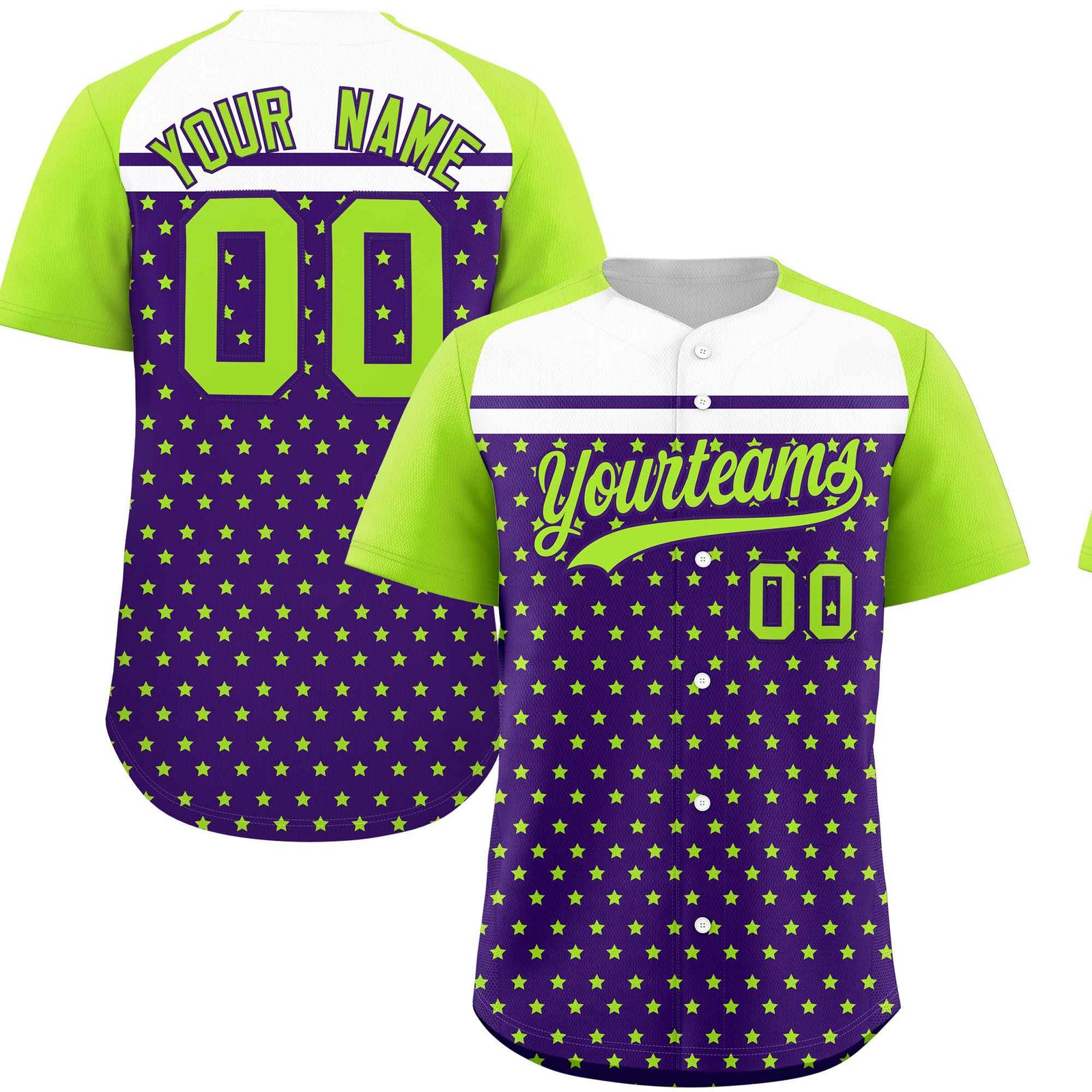 Custom Purple Neon Green-White Raglan Sleeve Personalized Star Print Authentic Baseball Jersey