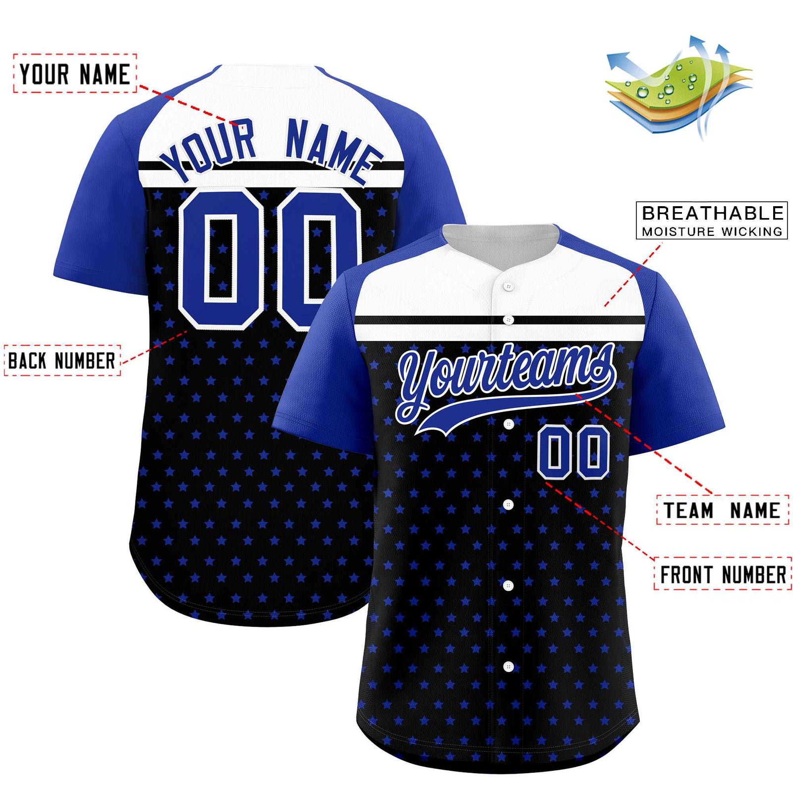 Custom Black Royal-White Raglan Sleeve Personalized Star Print Authentic Baseball Jersey