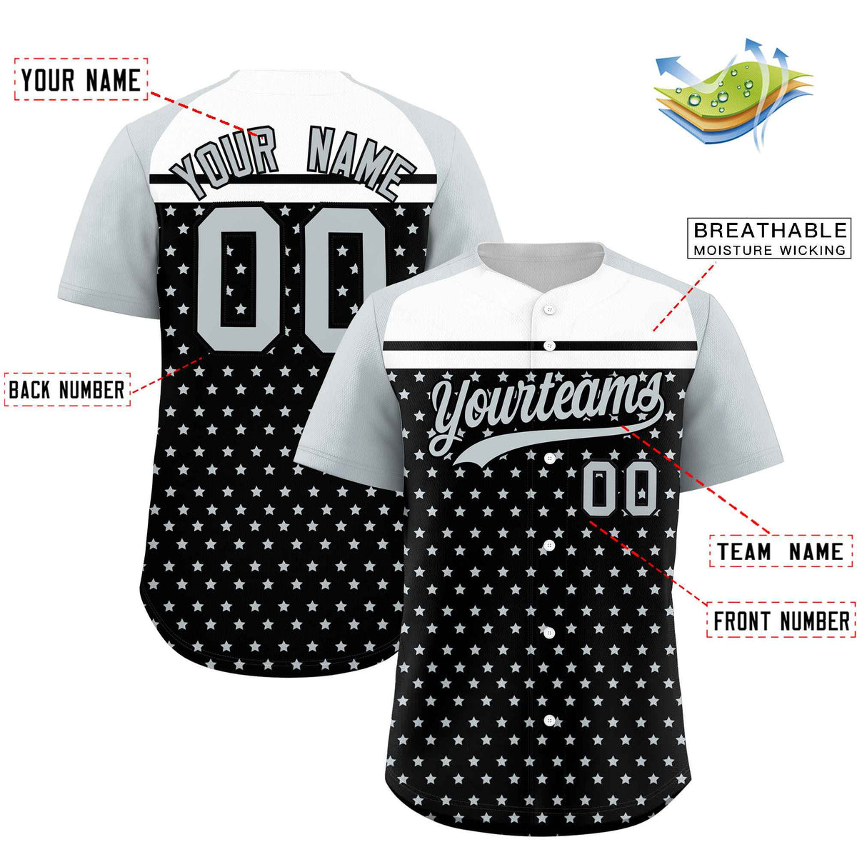 Custom Black Silver-White Raglan Sleeve Personalized Star Print Authentic Baseball Jersey