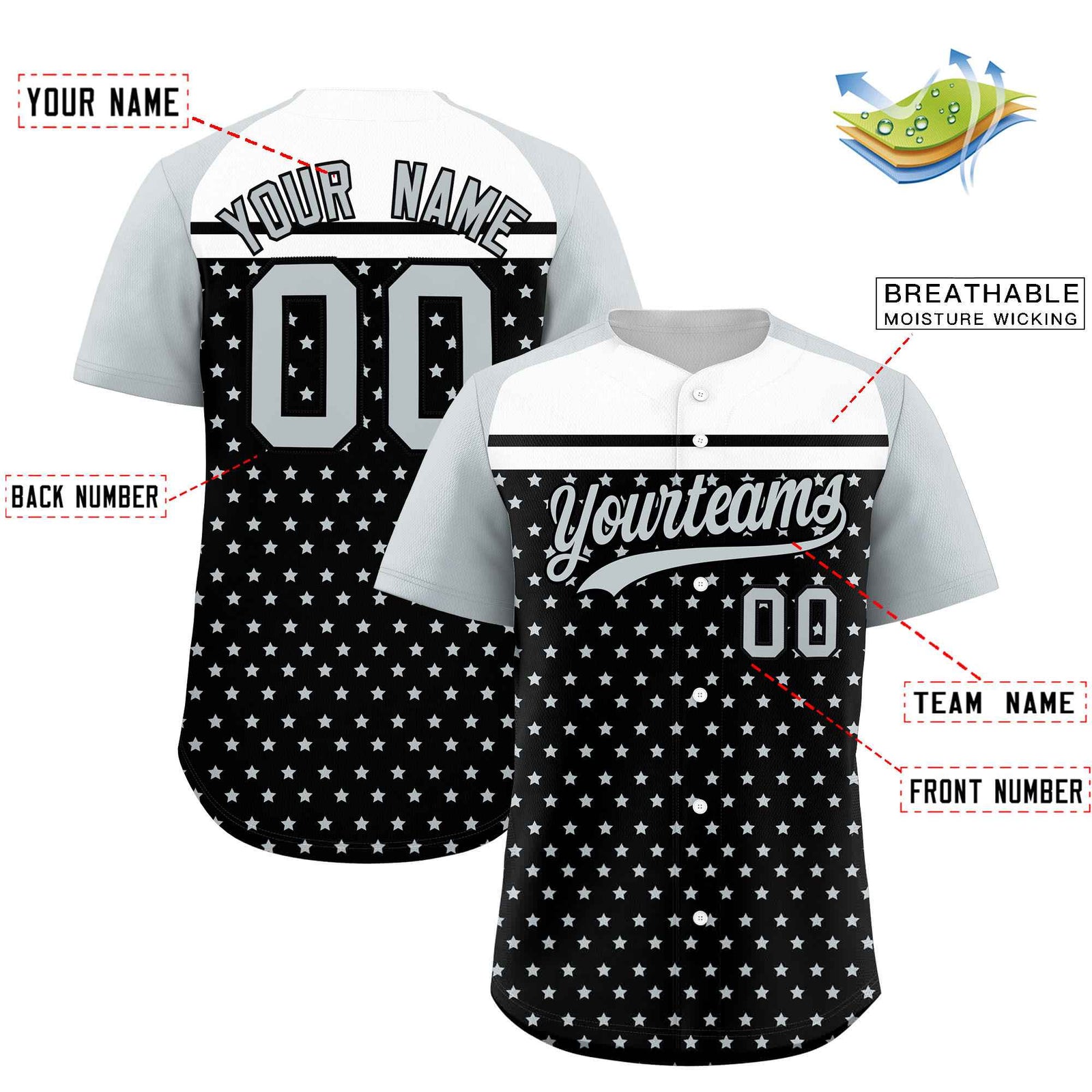 Custom Black Silver-White Raglan Sleeve Personalized Star Print Authentic Baseball Jersey