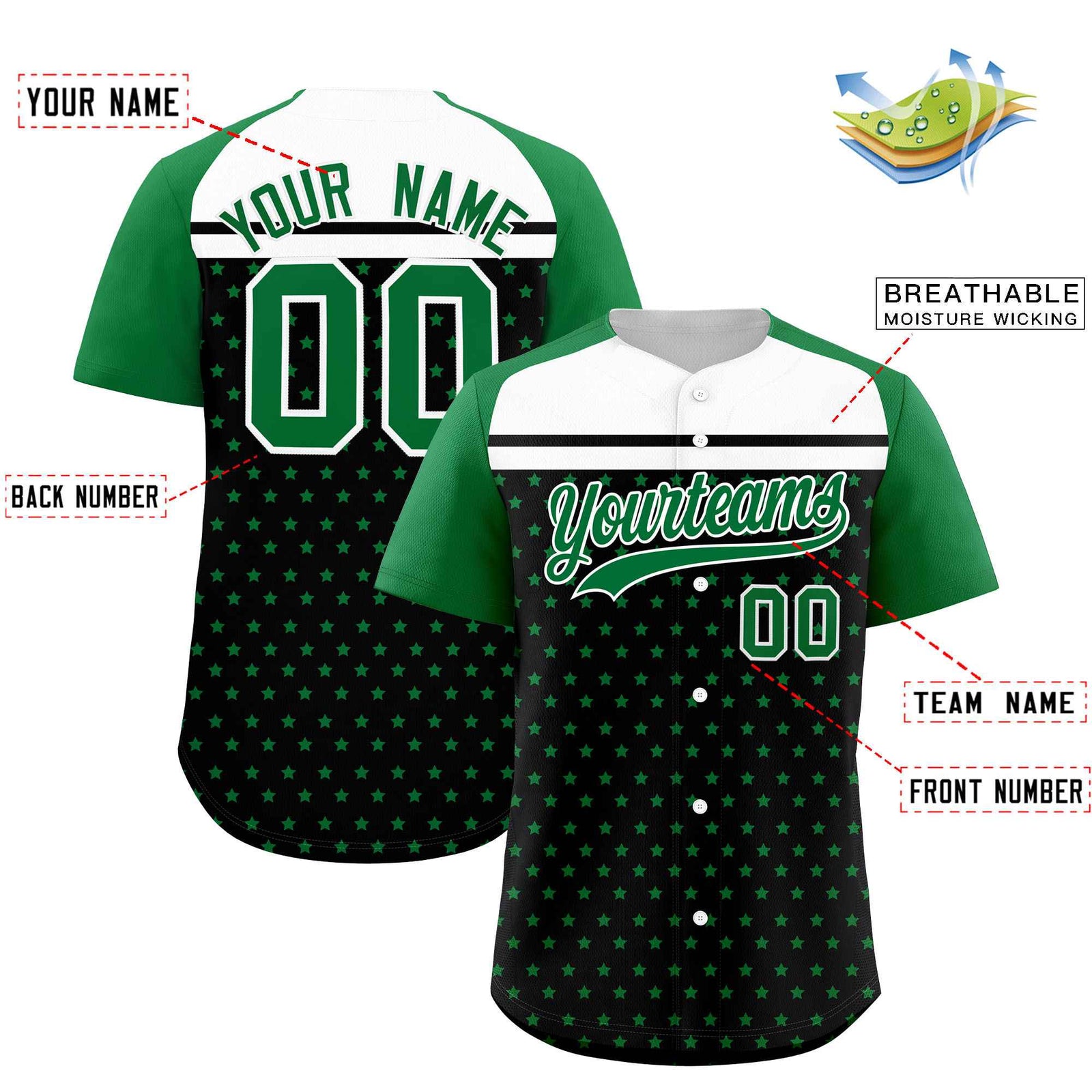 Custom Black Kelly Green-White Raglan Sleeve Personalized Star Print Authentic Baseball Jersey