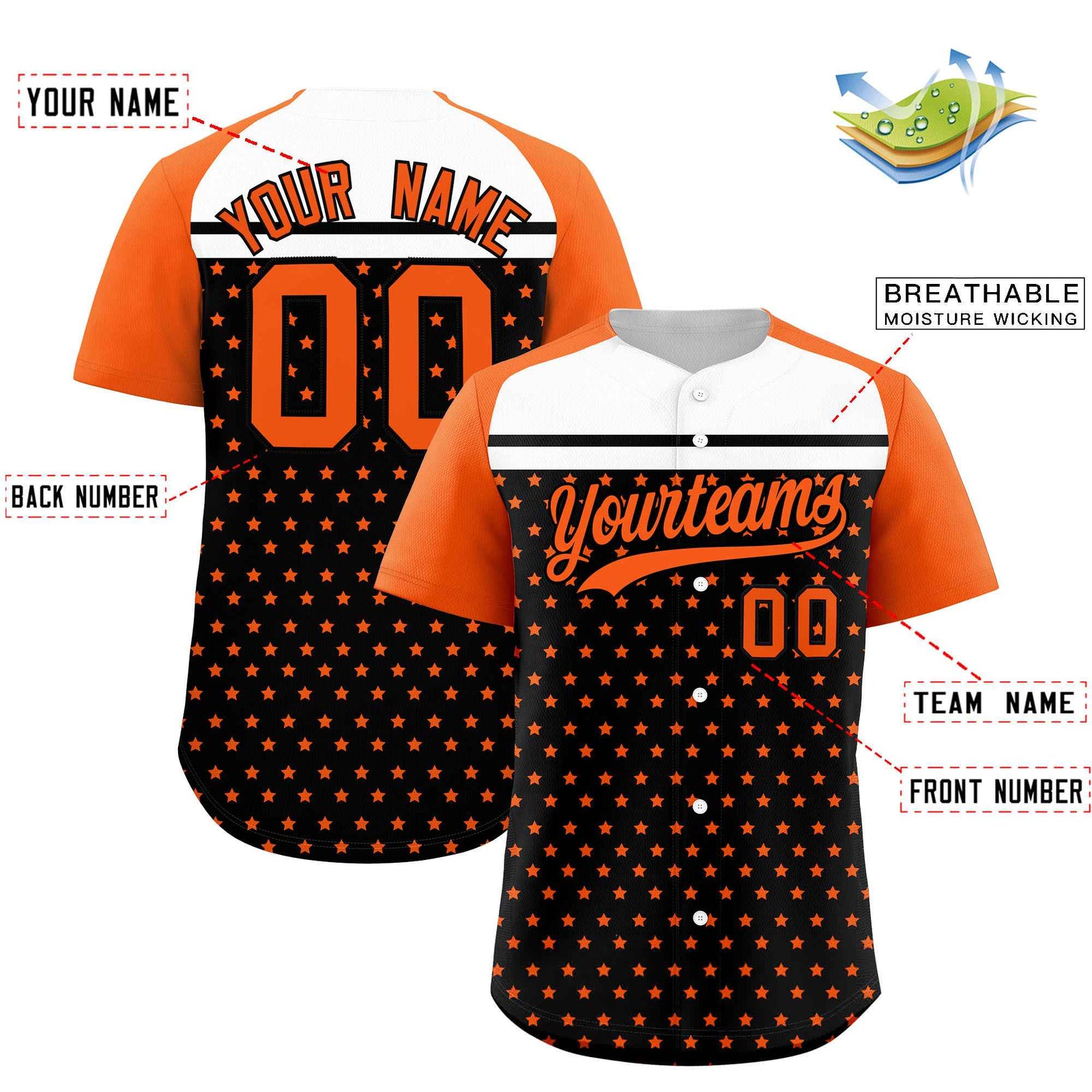 Custom Black Orange-White Raglan Sleeve Personalized Star Print Authentic Baseball Jersey
