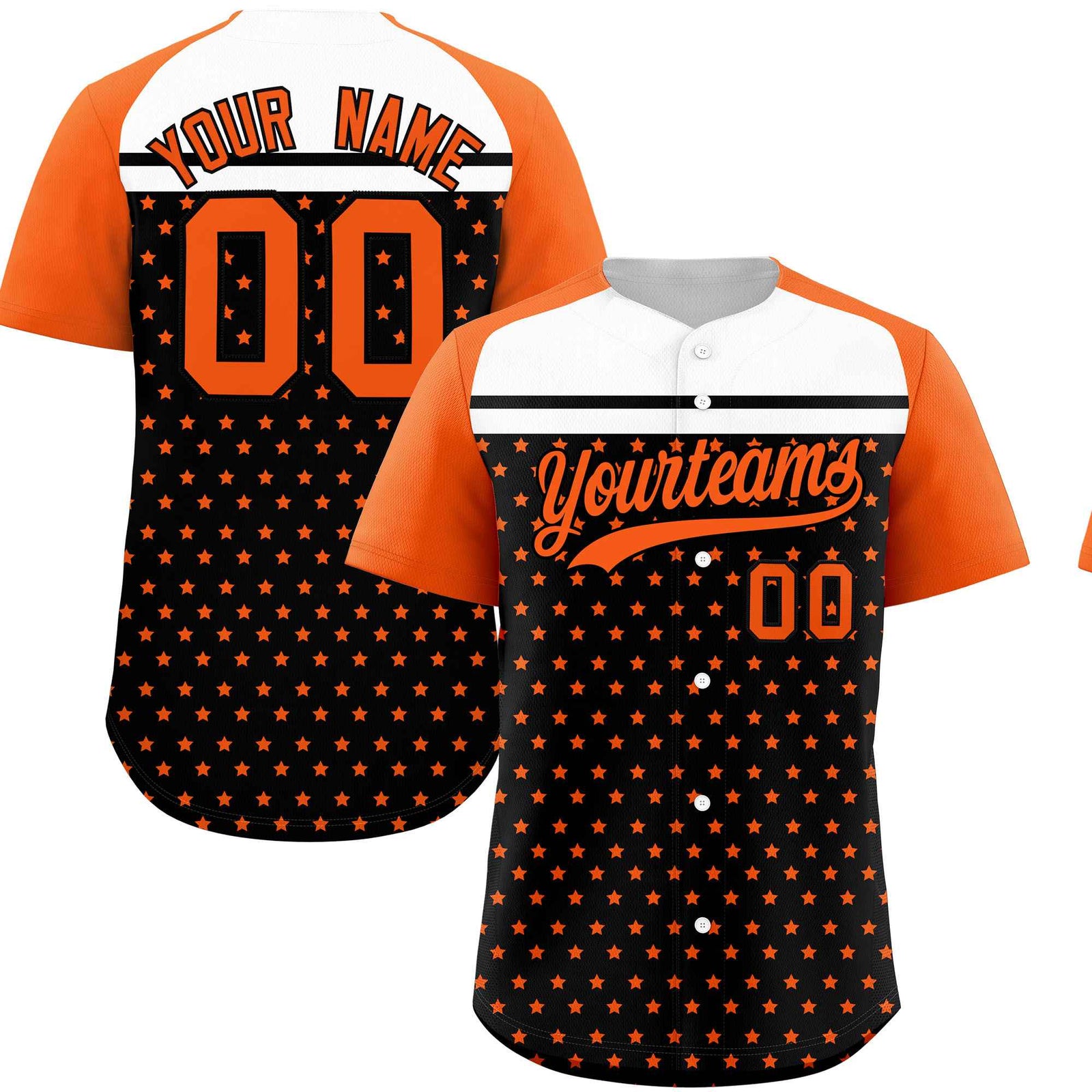 Custom Black Orange-White Raglan Sleeve Personalized Star Print Authentic Baseball Jersey