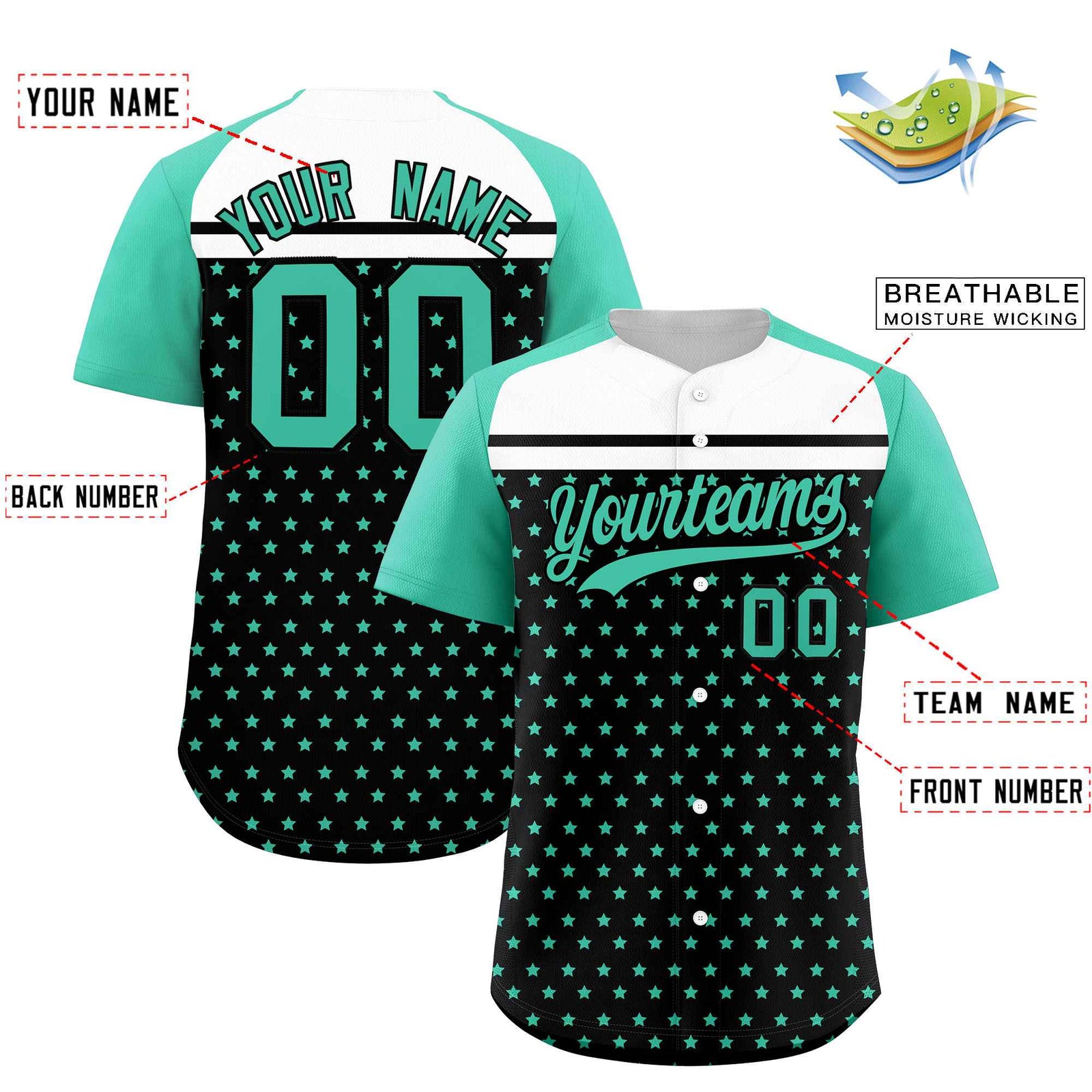 Custom Black Bright Green-White Raglan Sleeve Personalized Star Print Authentic Baseball Jersey