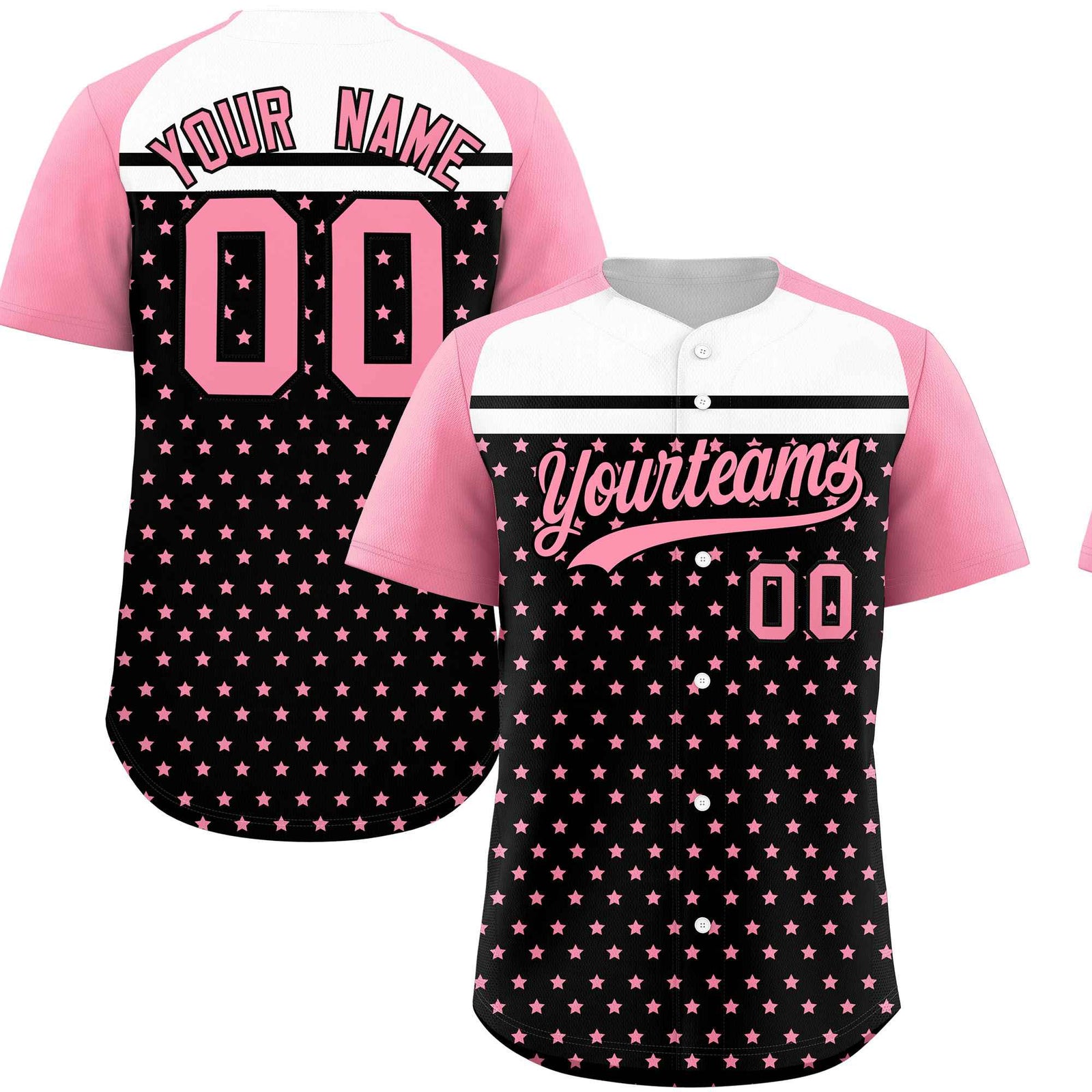 Custom Black Light Pink-White Raglan Sleeve Personalized Star Print Authentic Baseball Jersey
