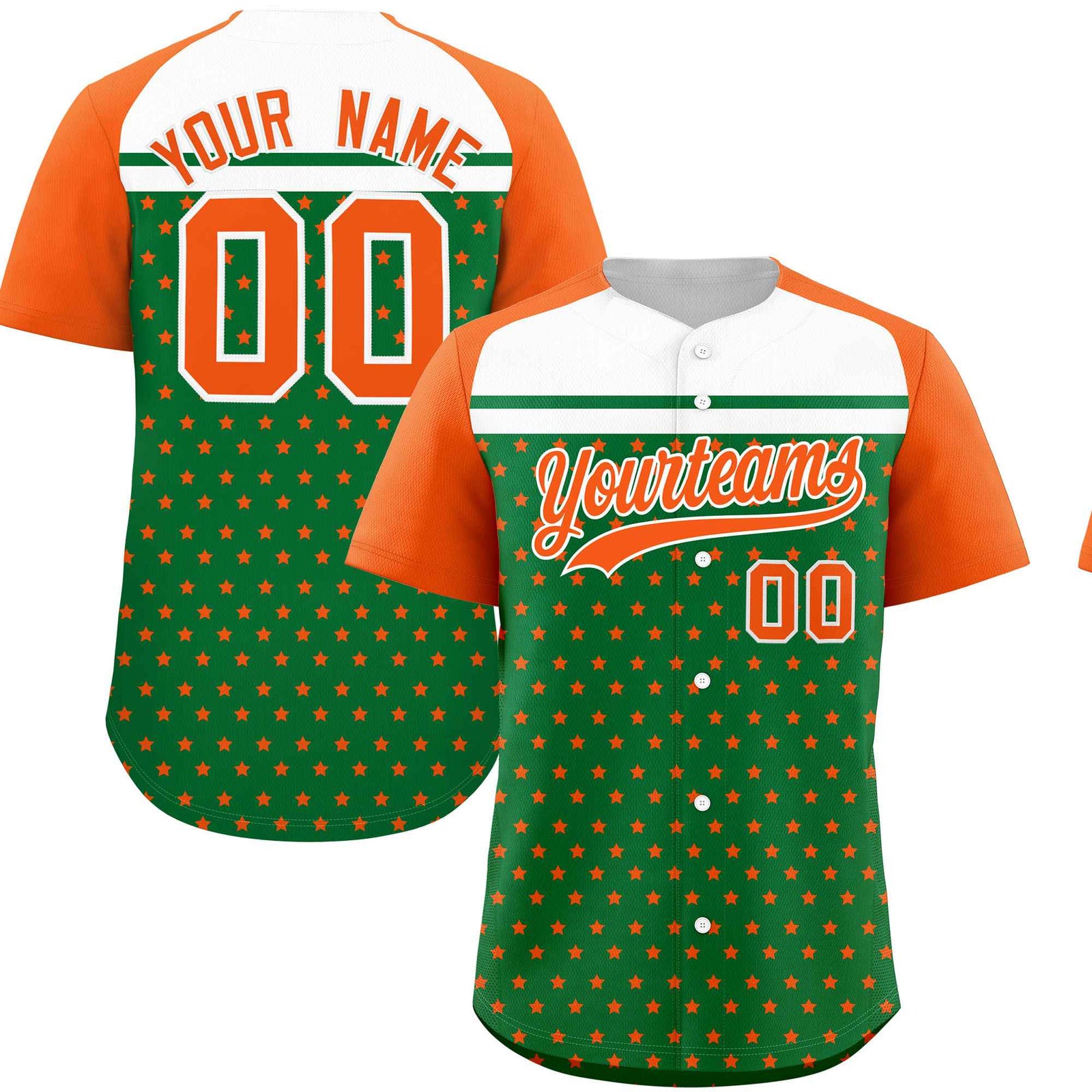 Custom Kelly Green Orange-White Raglan Sleeve Personalized Star Print Authentic Baseball Jersey