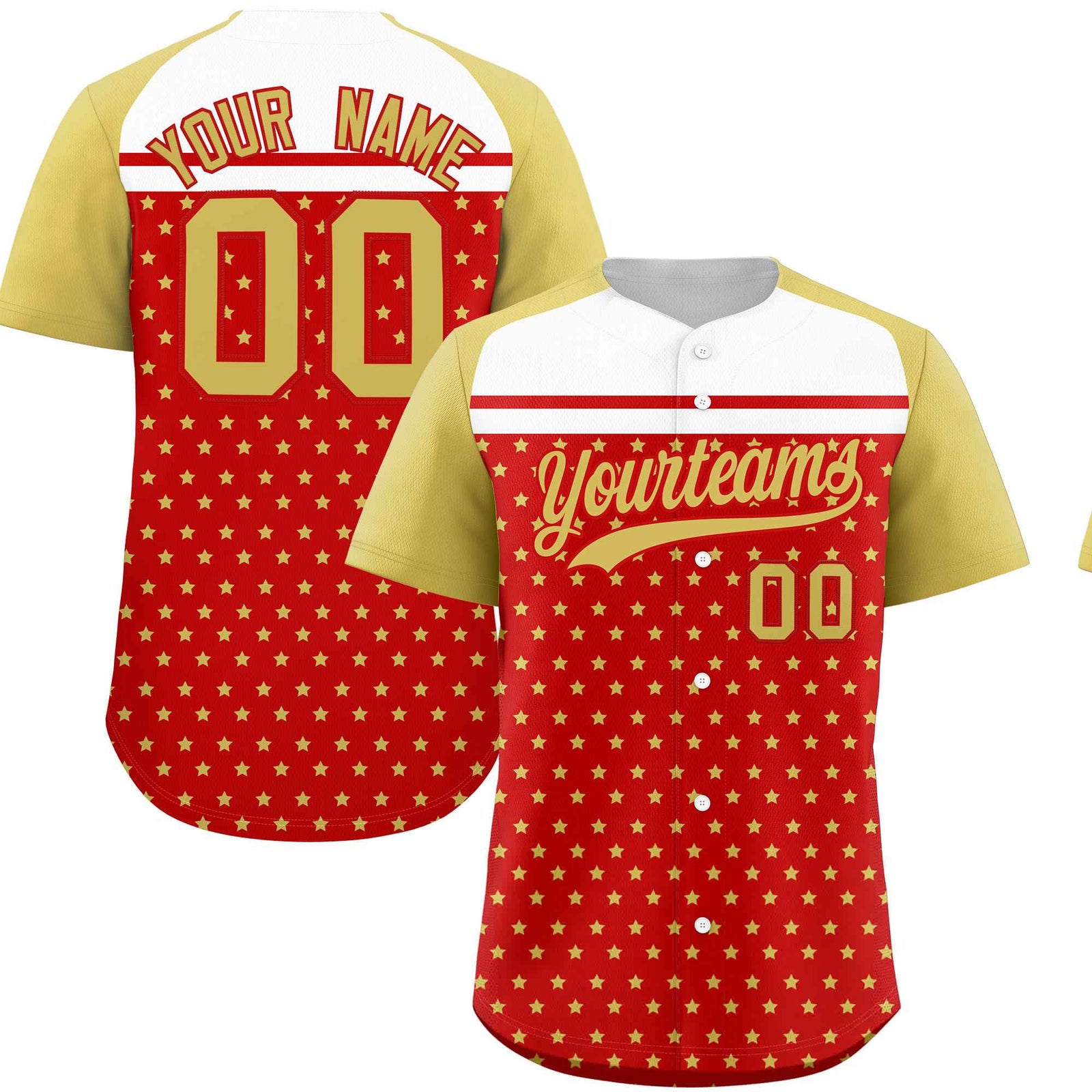 Custom Red Old Gold-White Raglan Sleeve Personalized Star Print Authentic Baseball Jersey