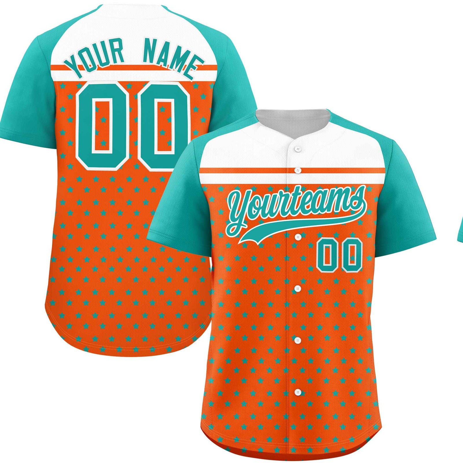 Custom Orange Aqua-White Raglan Sleeve Personalized Star Print Authentic Baseball Jersey