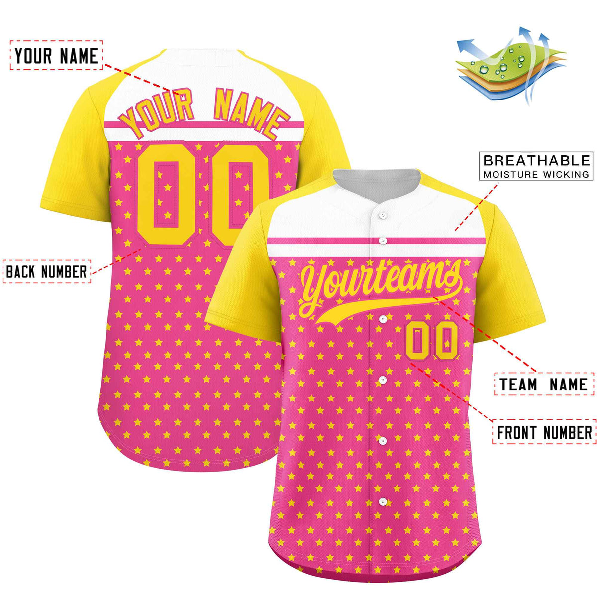 Custom Pink Gold-White Raglan Sleeve Personalized Star Print Authentic Baseball Jersey