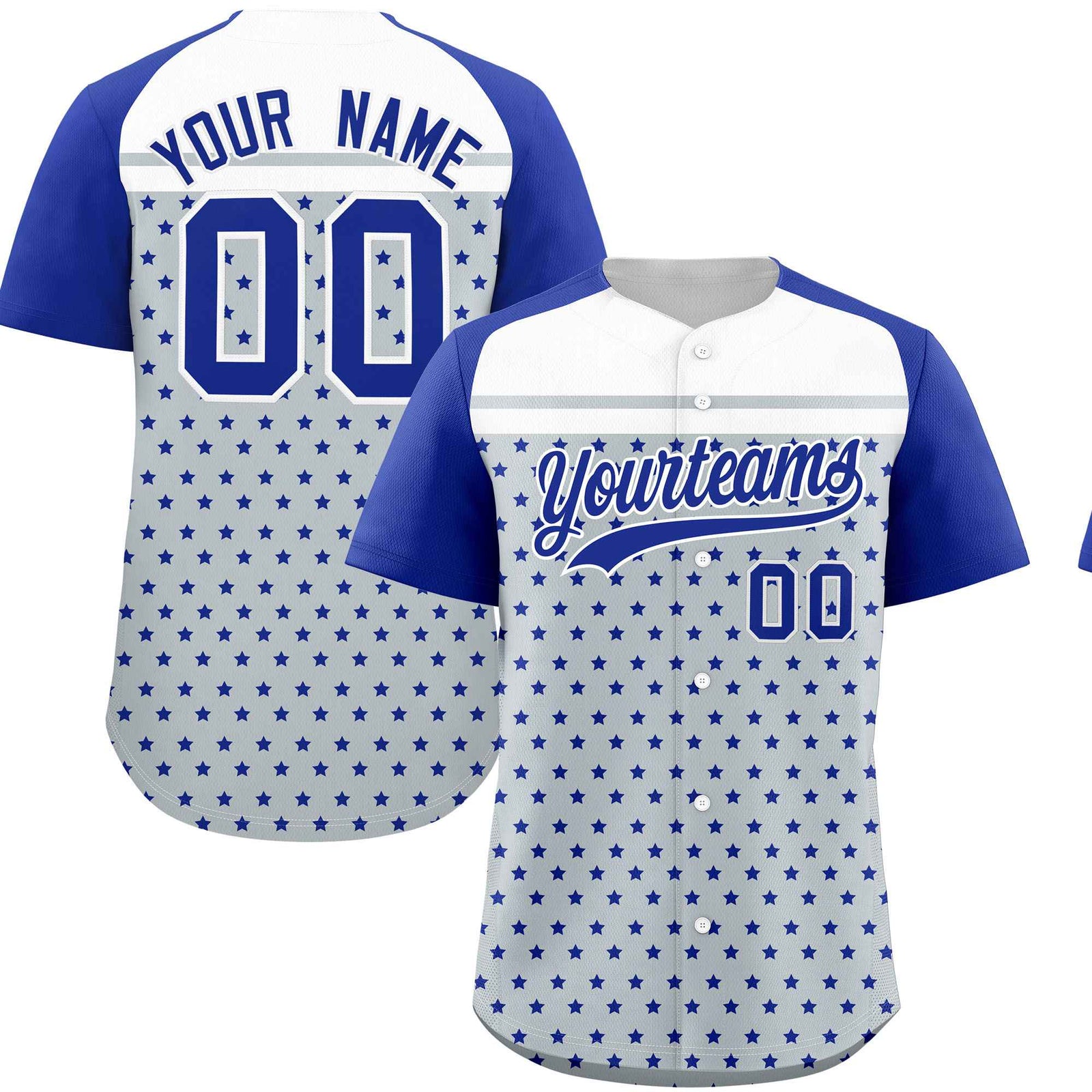 Custom Silver Royal-White Raglan Sleeve Personalized Star Print Authentic Baseball Jersey