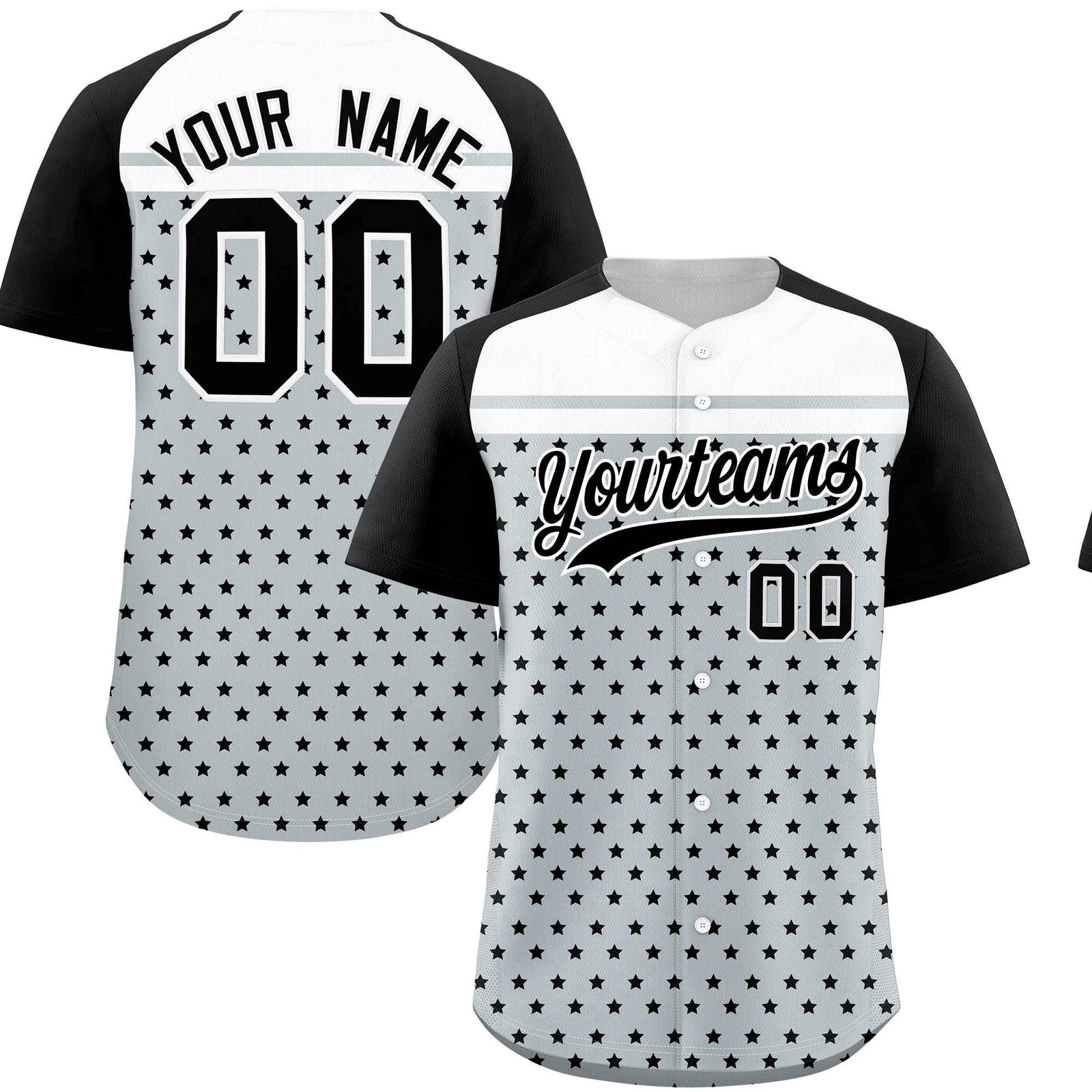 Custom Silver Black-White Raglan Sleeve Personalized Star Print Authentic Baseball Jersey